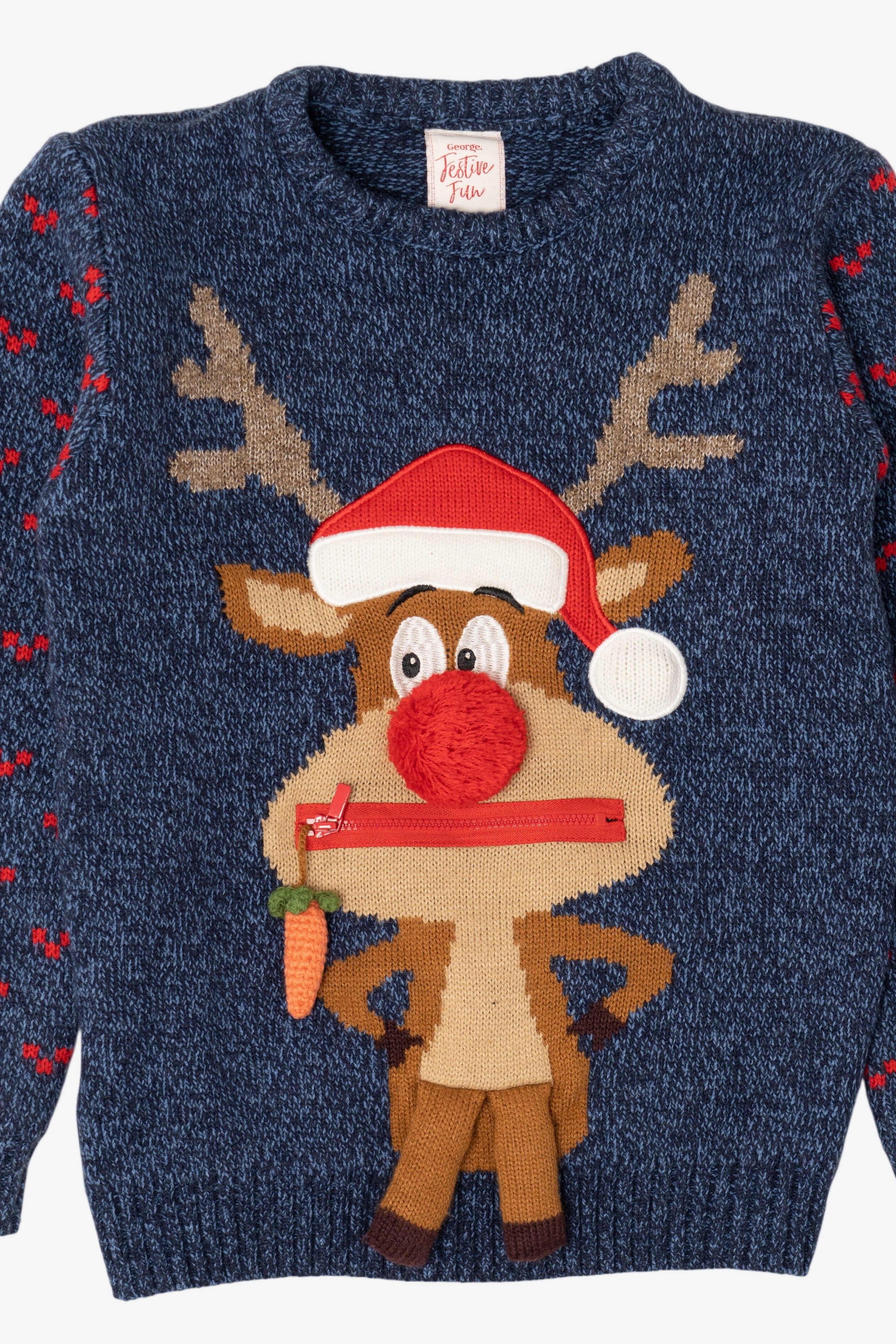 Kids Navy Blue Reindeer With Carrot Ugly Christmas Pullover (2010s)