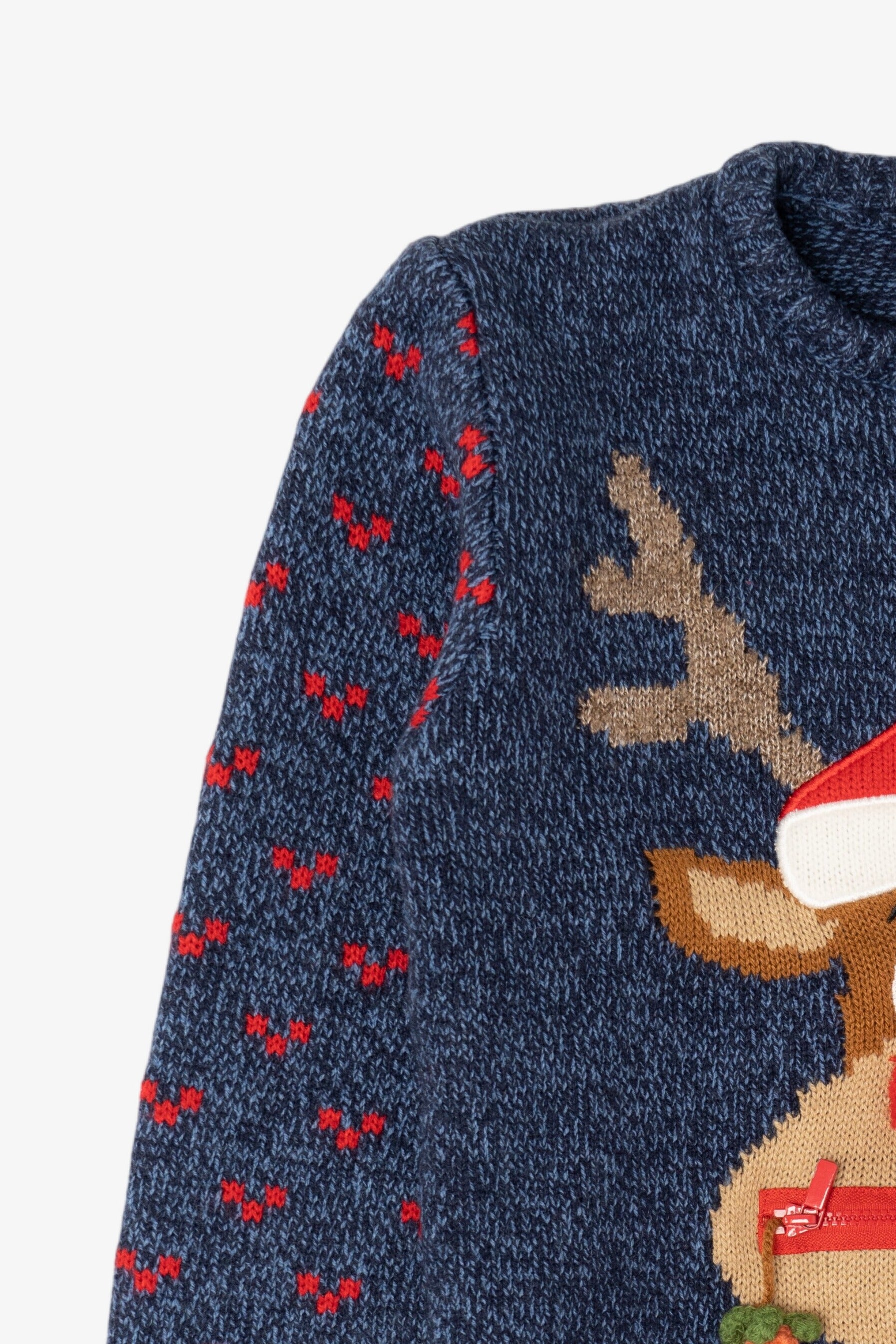 Kids Navy Blue Reindeer With Carrot Ugly Christmas Pullover (2010s)