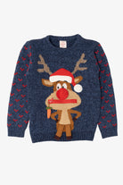 Kids Navy Blue Reindeer With Carrot Ugly Christmas Pullover (2010s)