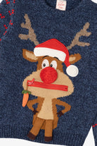 Kids Navy Blue Reindeer With Carrot Ugly Christmas Pullover (2010s)