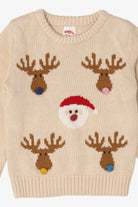 Kids Vintage Beige Holiday Time Santa And Reindeer Ugly Christmas Pullover (2000s)
