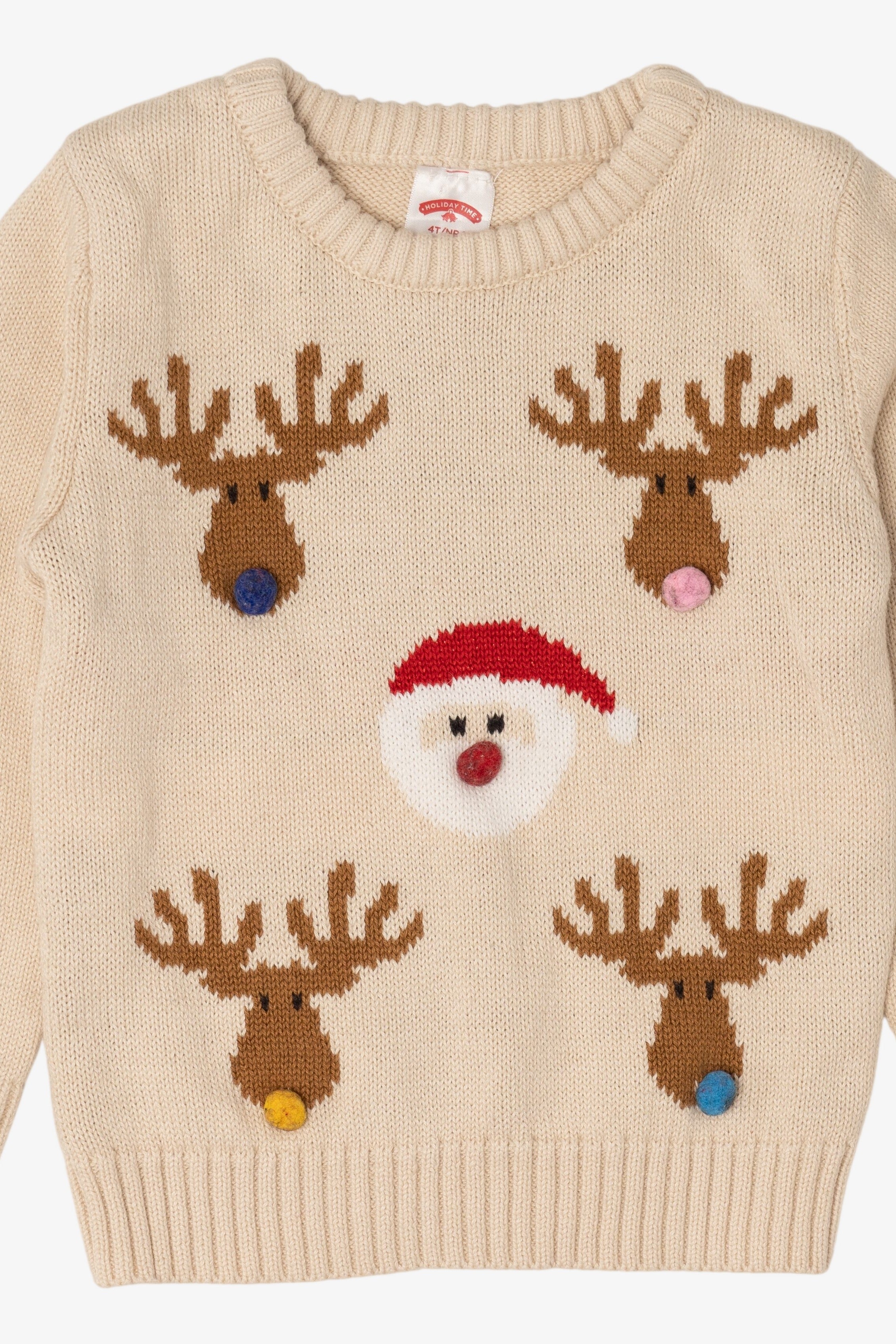Kids Vintage Beige Holiday Time Santa And Reindeer Ugly Christmas Pullover (2000s)