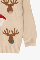 Kids Vintage Beige Holiday Time Santa And Reindeer Ugly Christmas Pullover (2000s)