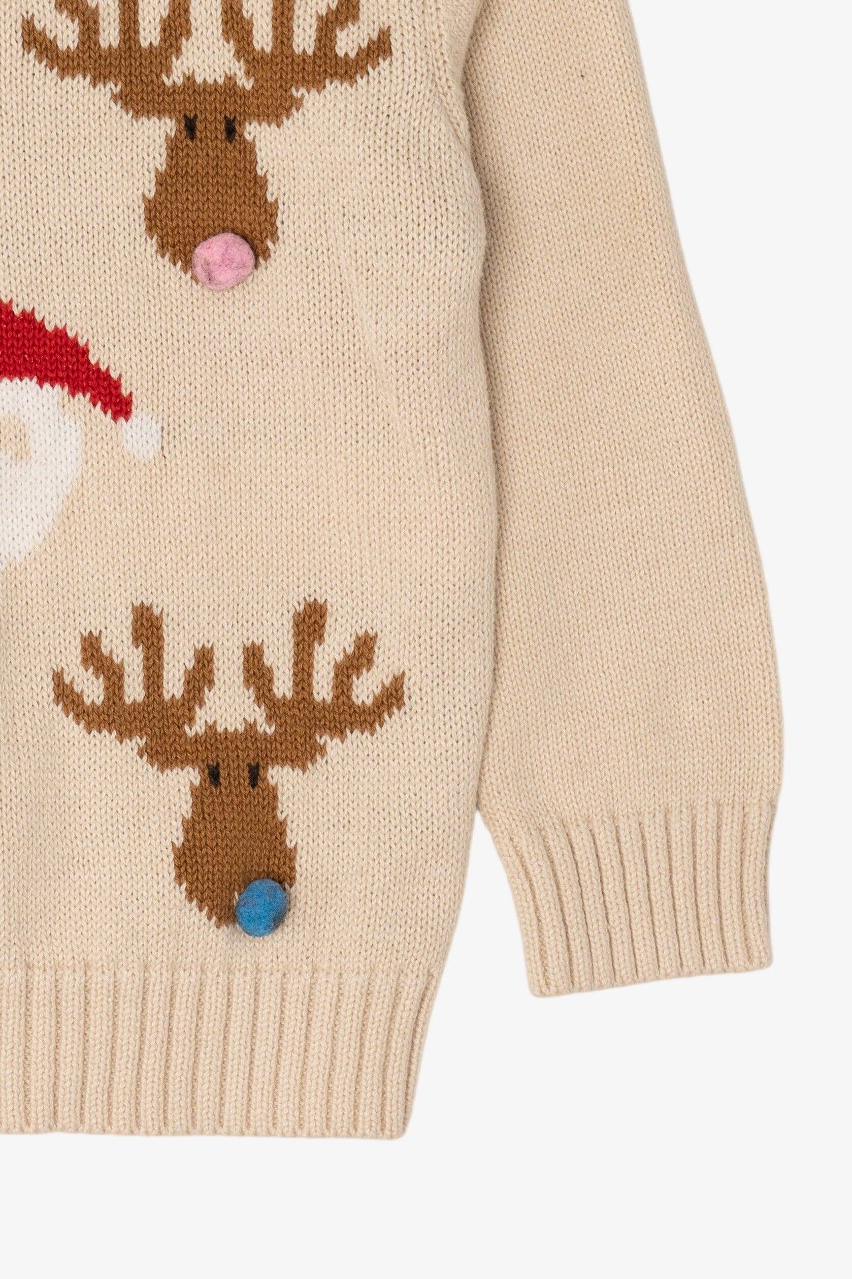 Kids Vintage Beige Holiday Time Santa And Reindeer Ugly Christmas Pullover (2000s)