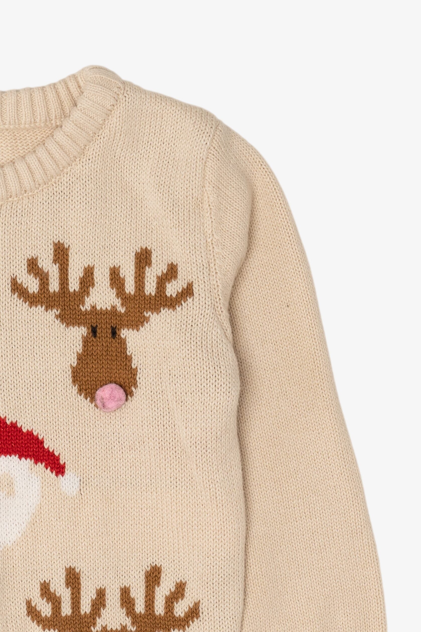 Kids Vintage Beige Holiday Time Santa And Reindeer Ugly Christmas Pullover (2000s)