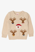 Kids Vintage Beige Holiday Time Santa And Reindeer Ugly Christmas Pullover (2000s)