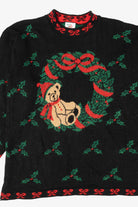 Vintage Black Nutcracker Teddy Bear Wreath Ugly Christmas Pullover (1990s)