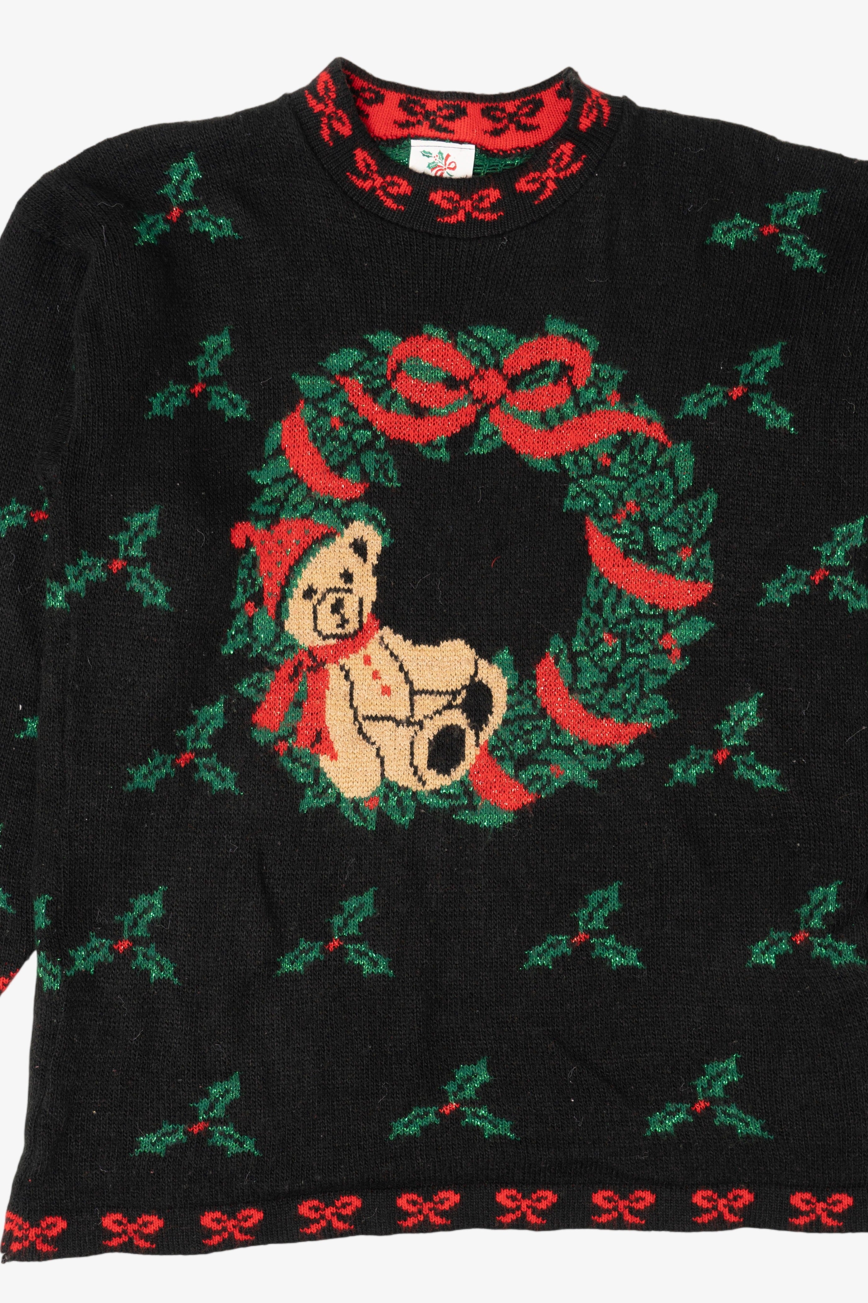 Vintage Black Nutcracker Teddy Bear Wreath Ugly Christmas Pullover (1990s)