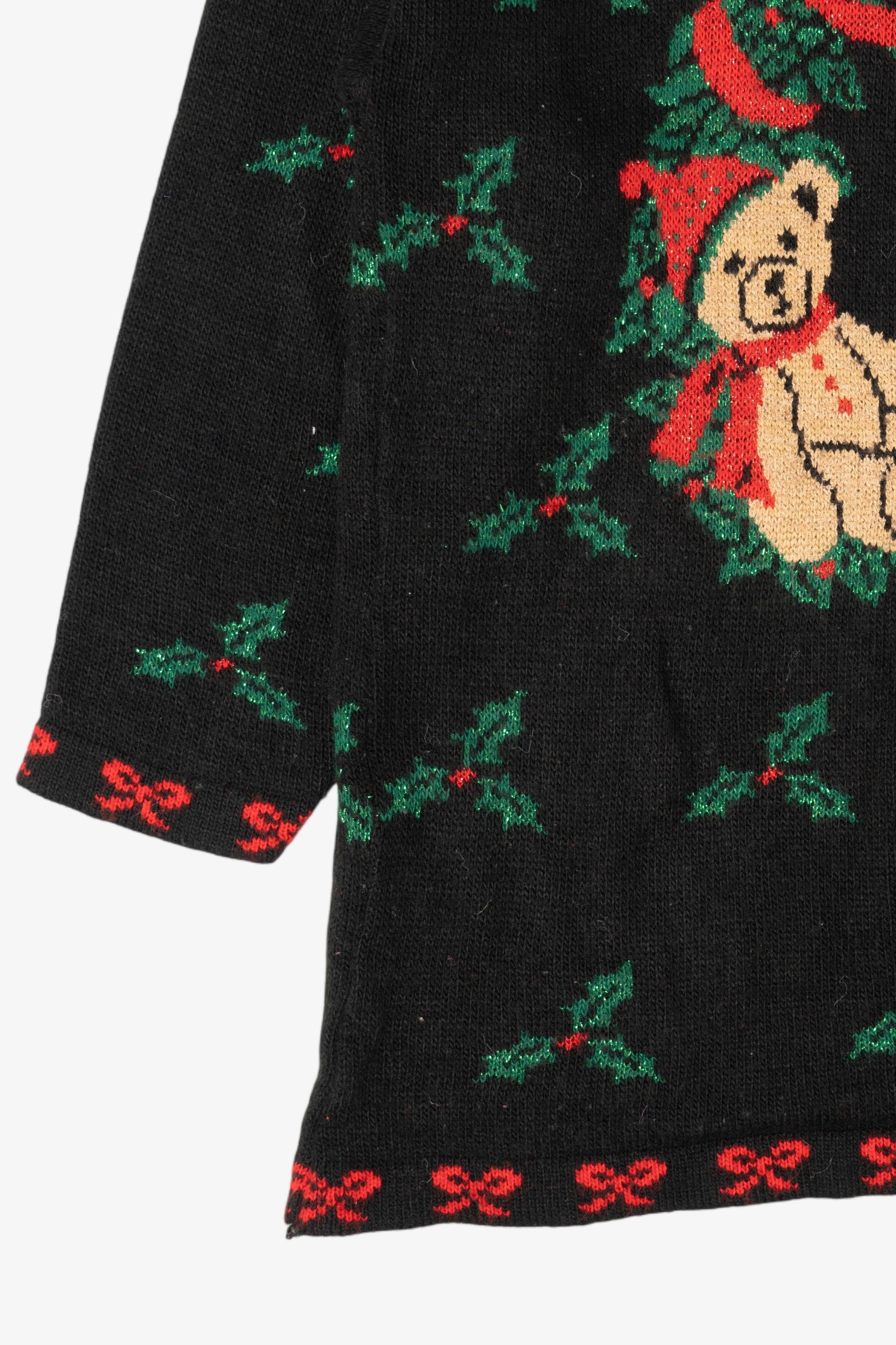 Vintage Black Nutcracker Teddy Bear Wreath Ugly Christmas Pullover (1990s)