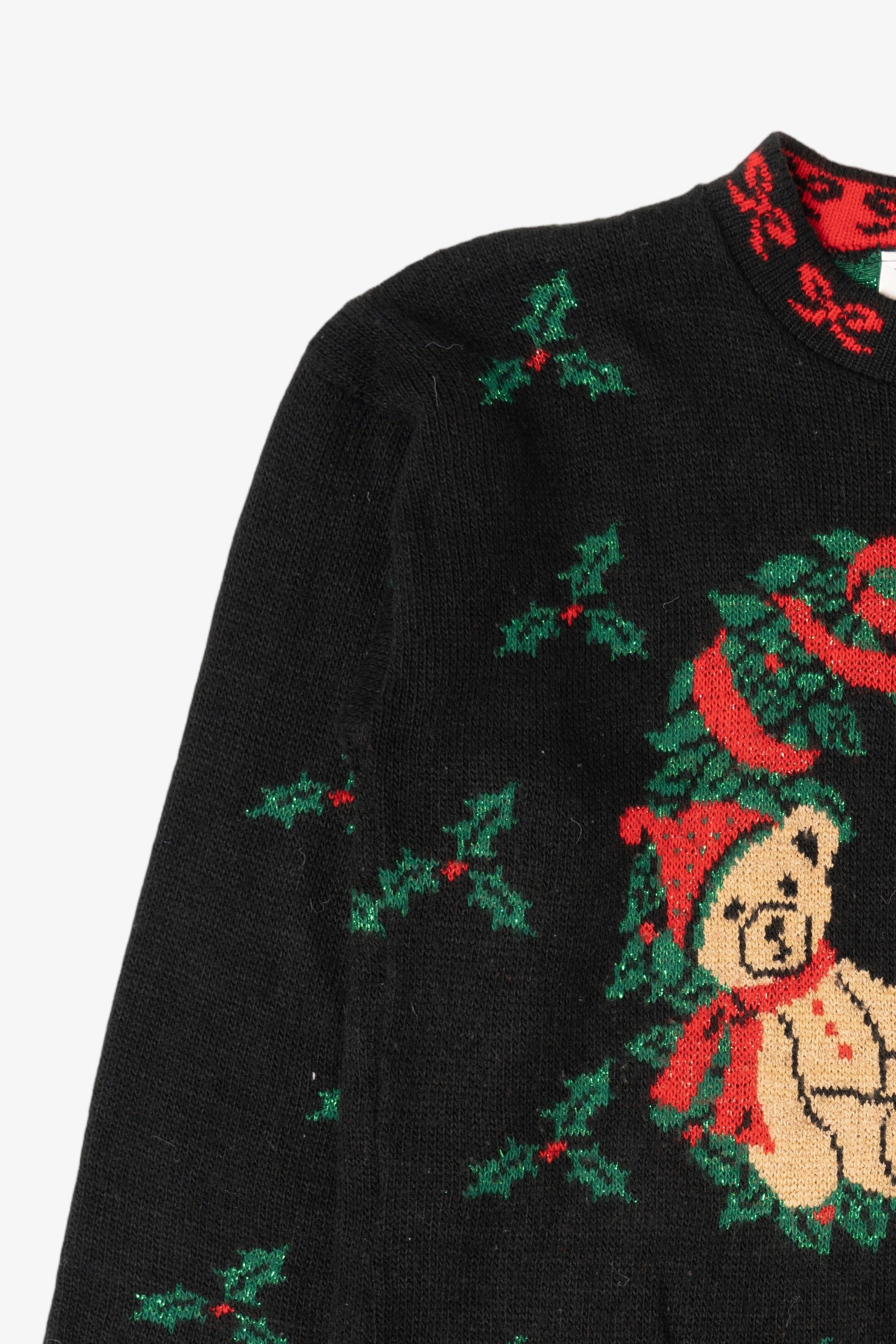 Vintage Black Nutcracker Teddy Bear Wreath Ugly Christmas Pullover (1990s)