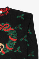 Vintage Black Nutcracker Teddy Bear Wreath Ugly Christmas Pullover (1990s)