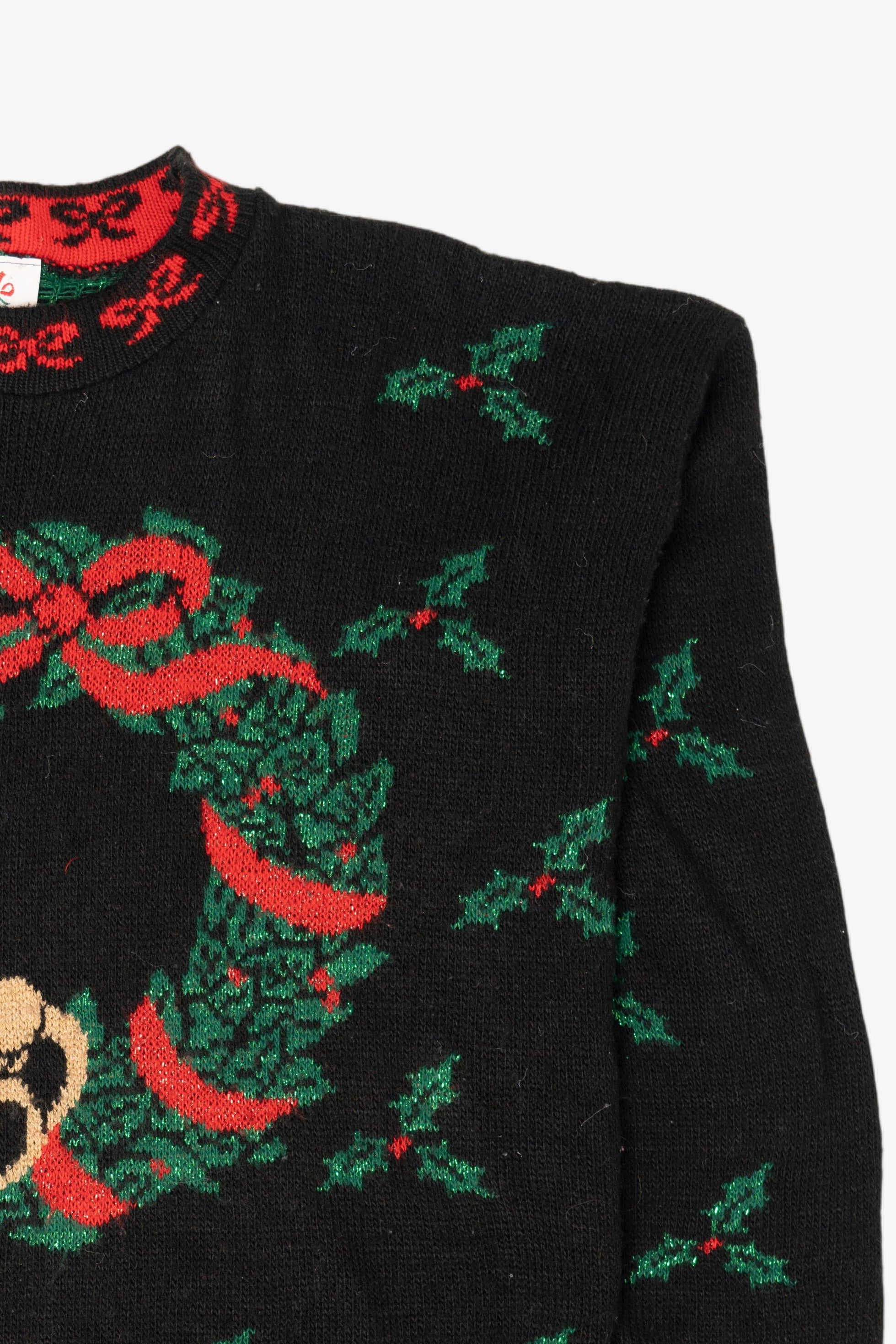 Vintage Black Nutcracker Teddy Bear Wreath Ugly Christmas Pullover (1990s)