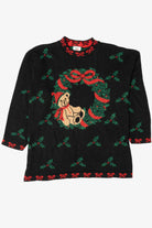 Vintage Black Nutcracker Teddy Bear Wreath Ugly Christmas Pullover (1990s)
