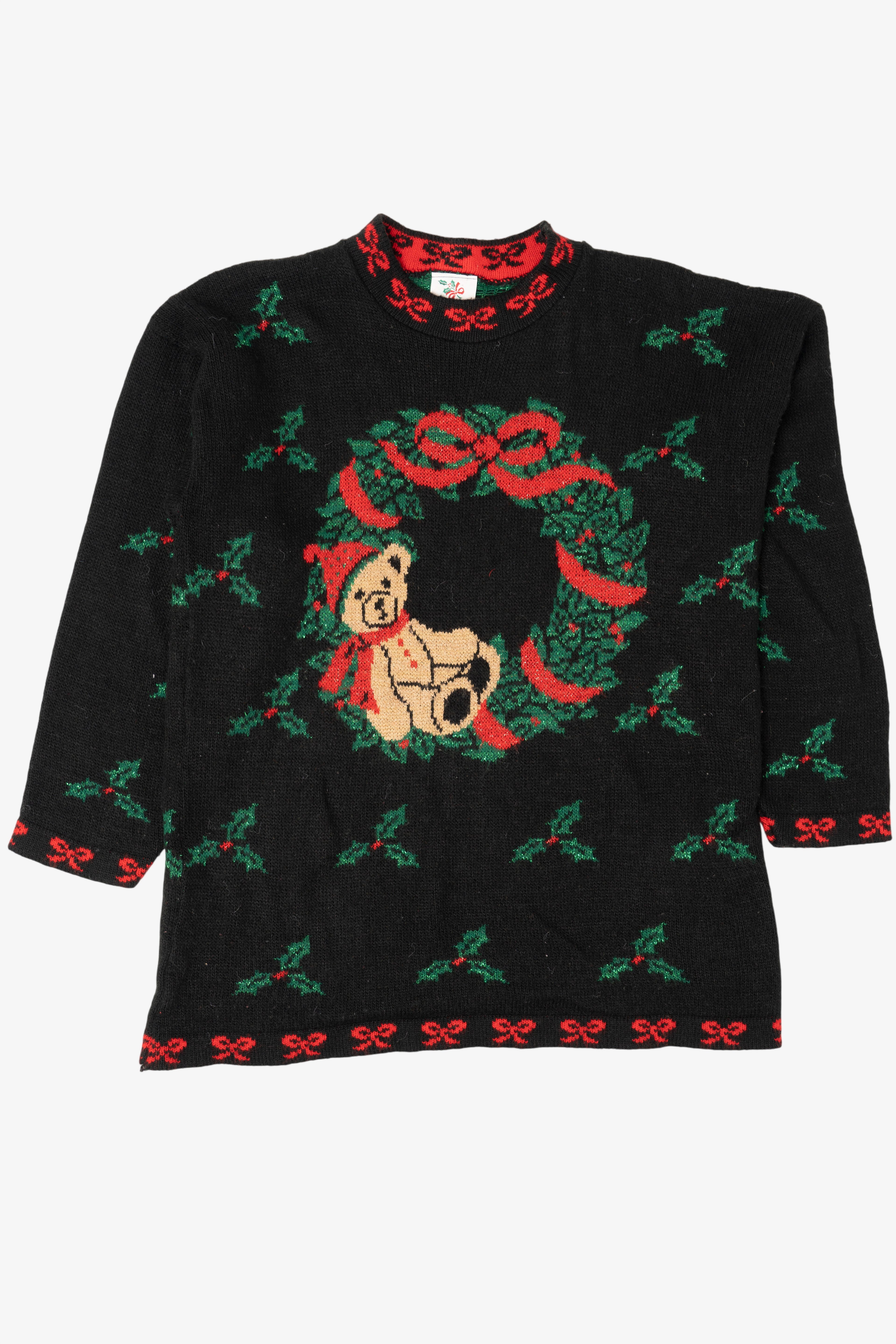Vintage Black Nutcracker Teddy Bear Wreath Ugly Christmas Pullover (1990s)