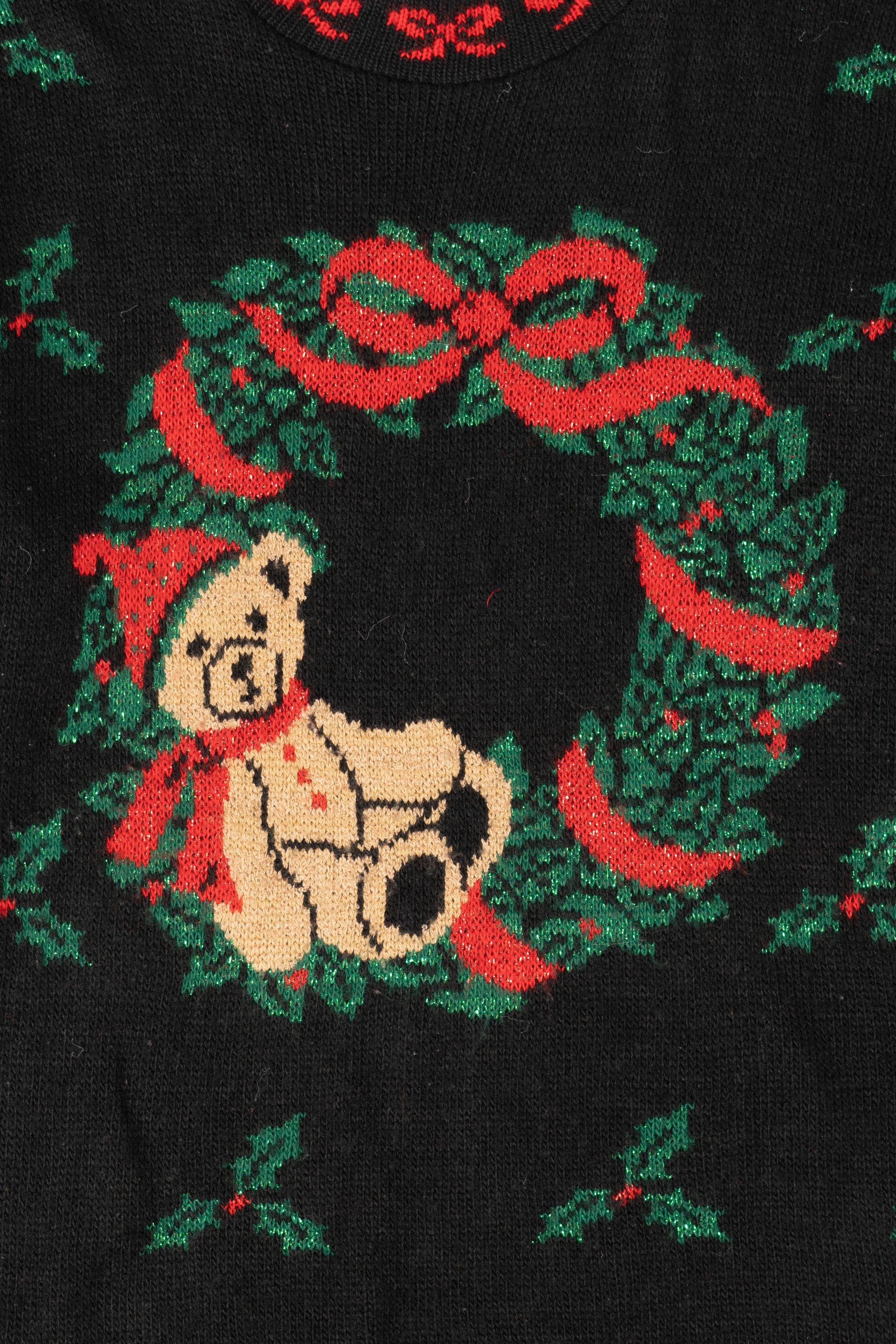Vintage Black Nutcracker Teddy Bear Wreath Ugly Christmas Pullover (1990s)