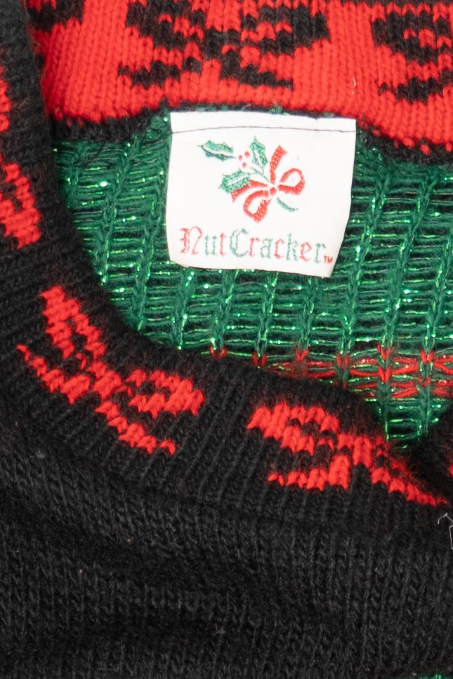 Vintage Black Nutcracker Teddy Bear Wreath Ugly Christmas Pullover (1990s)