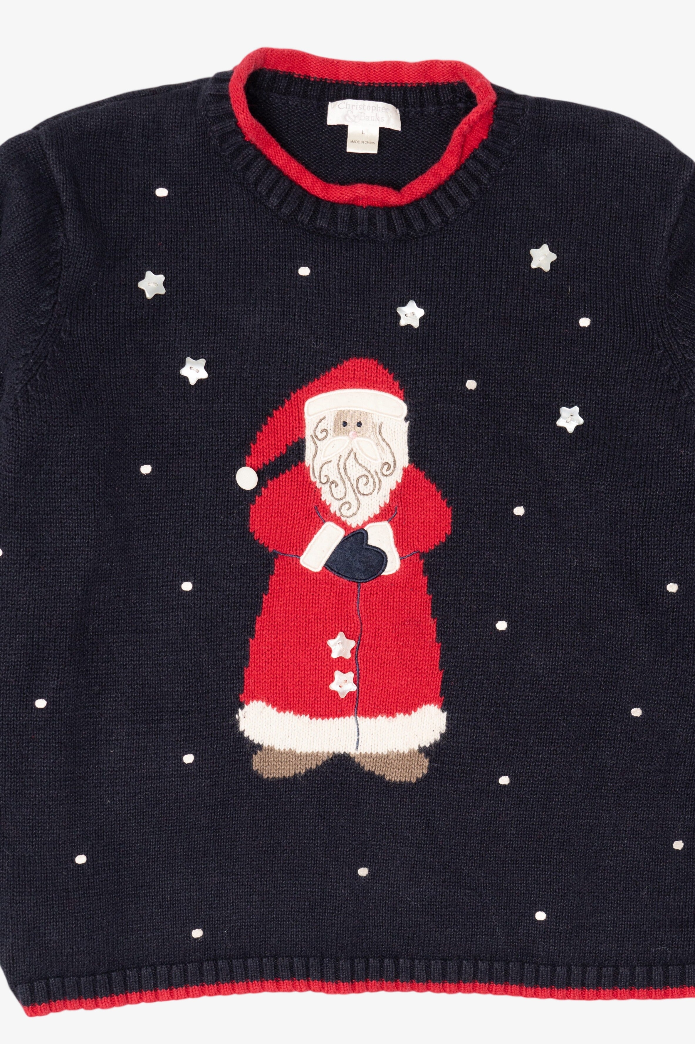 Vintage Navy Blue Christopher & Banks Santa Ugly Christmas Pullover (1990s)