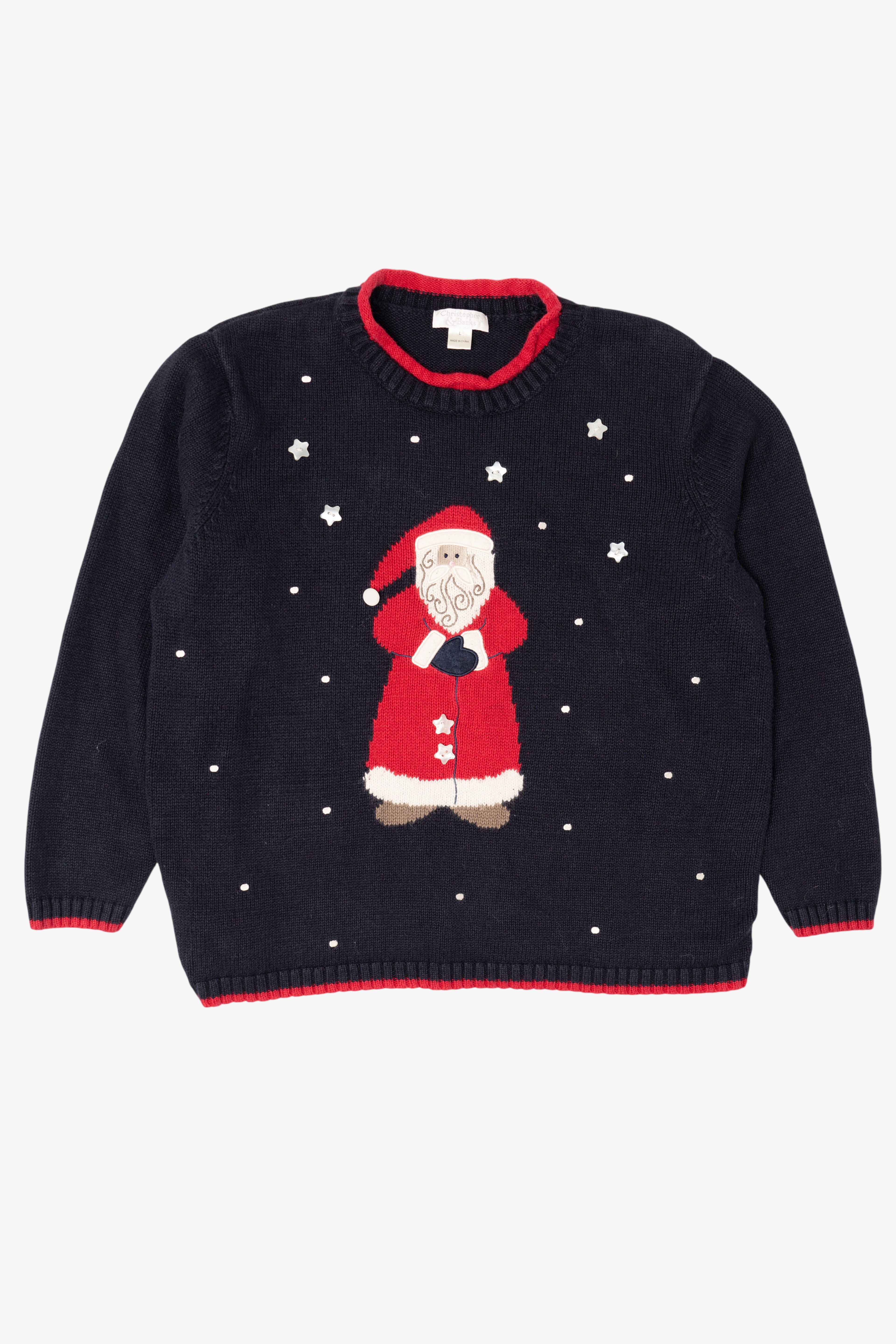 Vintage Navy Blue Christopher & Banks Santa Ugly Christmas Pullover (1990s)