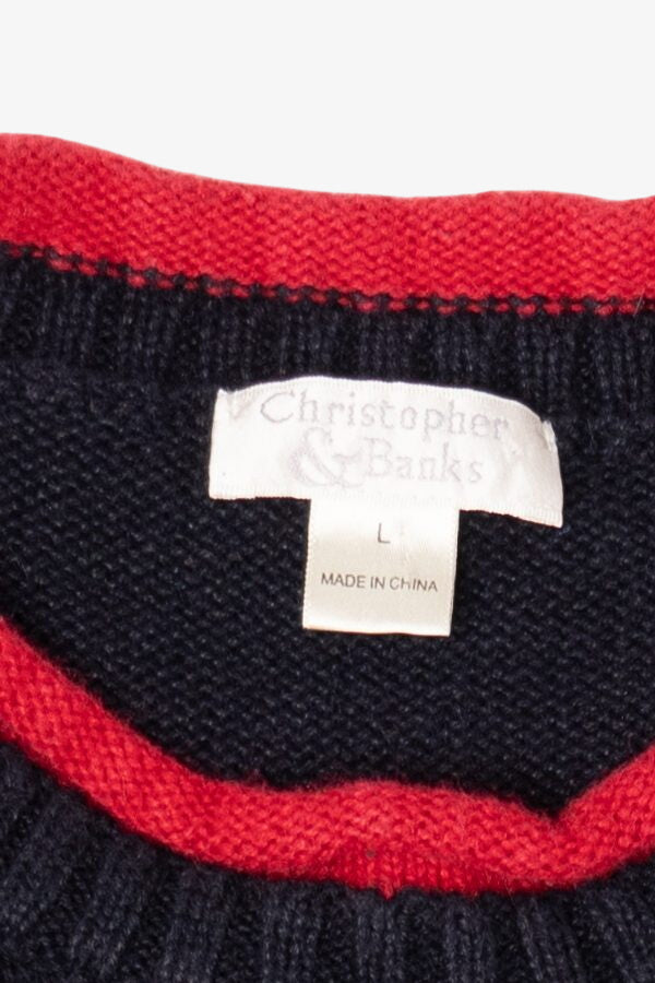 Vintage Navy Blue Christopher & Banks Santa Ugly Christmas Pullover (1990s)