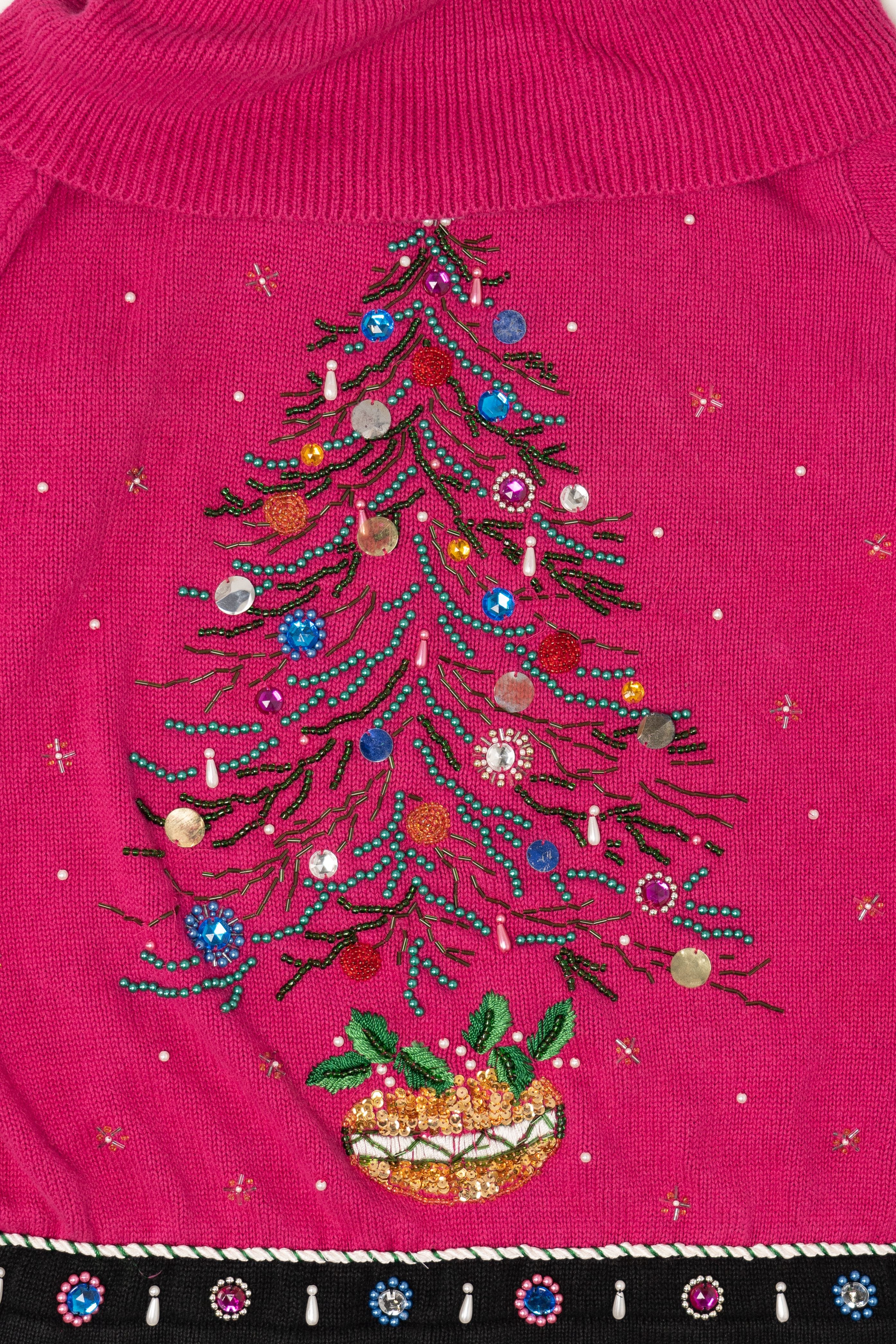 Vintage Hot Pink B.P Design Tree Ugly Christmas Pullover (1990s)