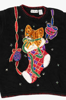 Vintage Black B.P Design Cat In Stocking Ugly Christmas Pullover (1990s)