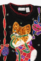 Vintage Black B.P Design Cat In Stocking Ugly Christmas Pullover (1990s)