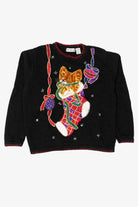 Vintage Black B.P Design Cat In Stocking Ugly Christmas Pullover (1990s)