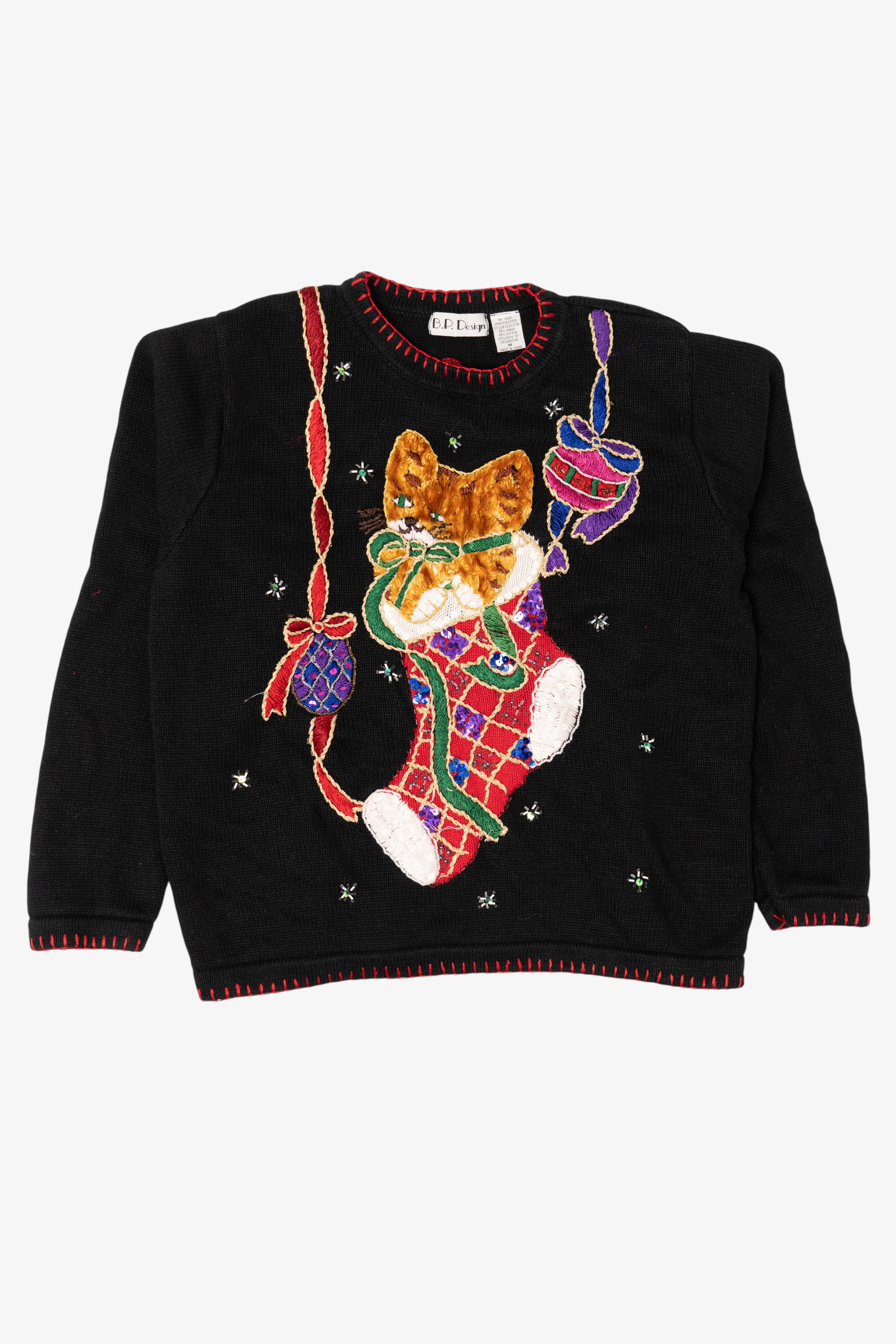 Vintage Black B.P Design Cat In Stocking Ugly Christmas Pullover (1990s)