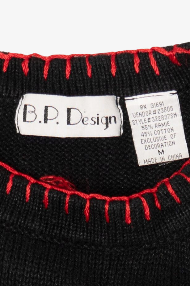 Vintage Black B.P Design Cat In Stocking Ugly Christmas Pullover (1990s)