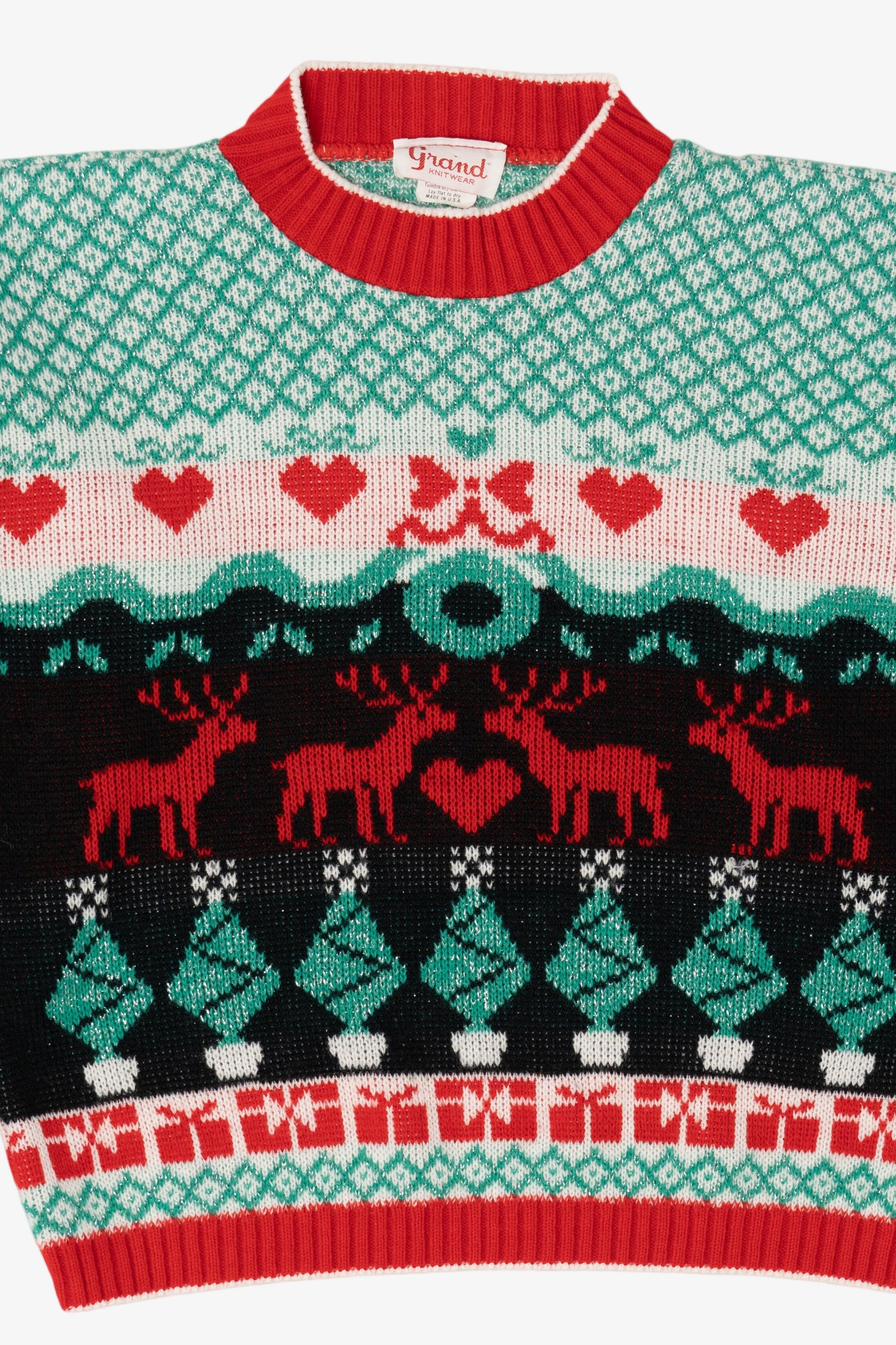 Vintage Aqua Grand Knitwear Reindeer Pattern Ugly Christmas Pullover (1980s)