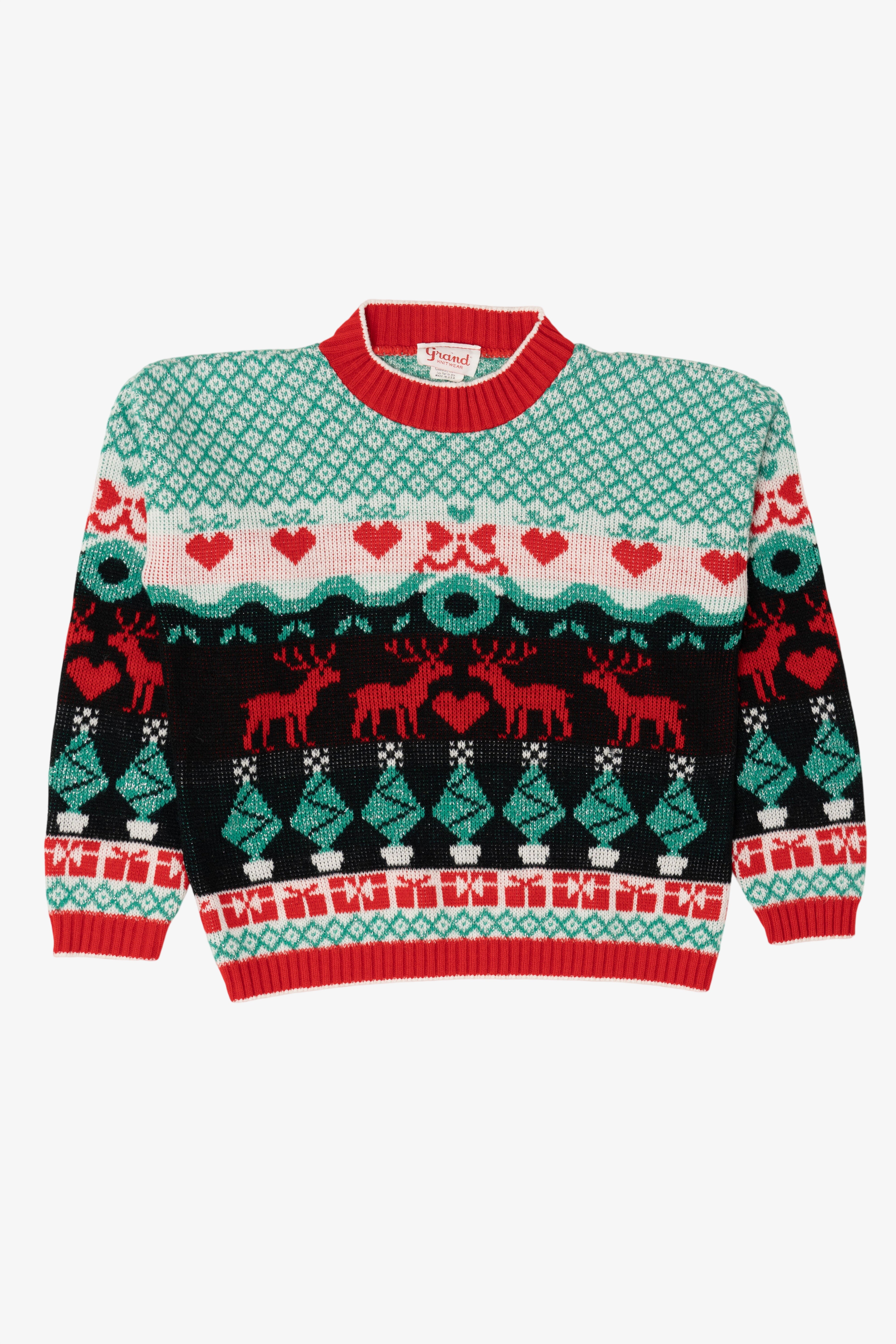 Vintage Aqua Grand Knitwear Reindeer Pattern Ugly Christmas Pullover (1980s)