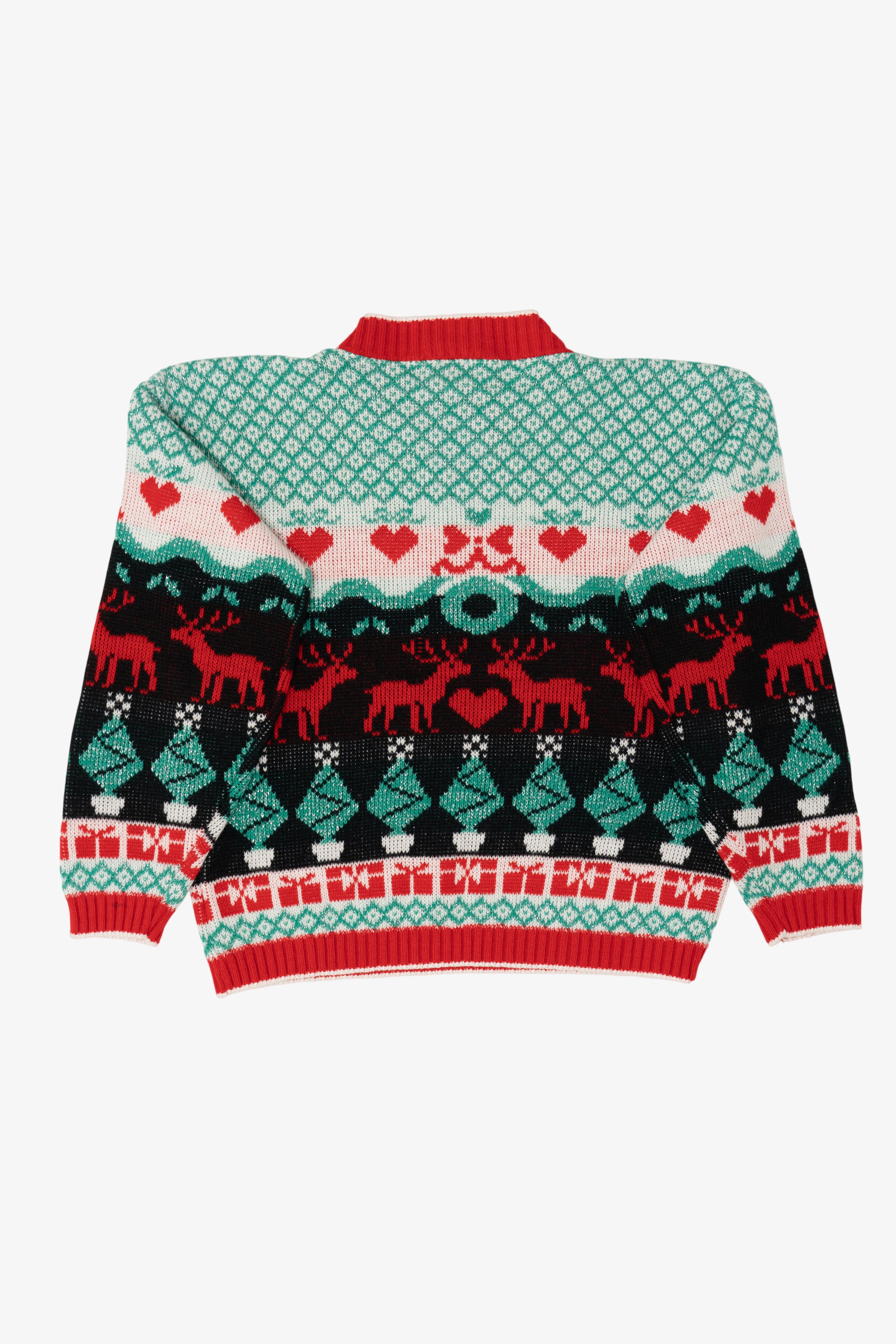 Vintage Aqua Grand Knitwear Reindeer Pattern Ugly Christmas Pullover (1980s)