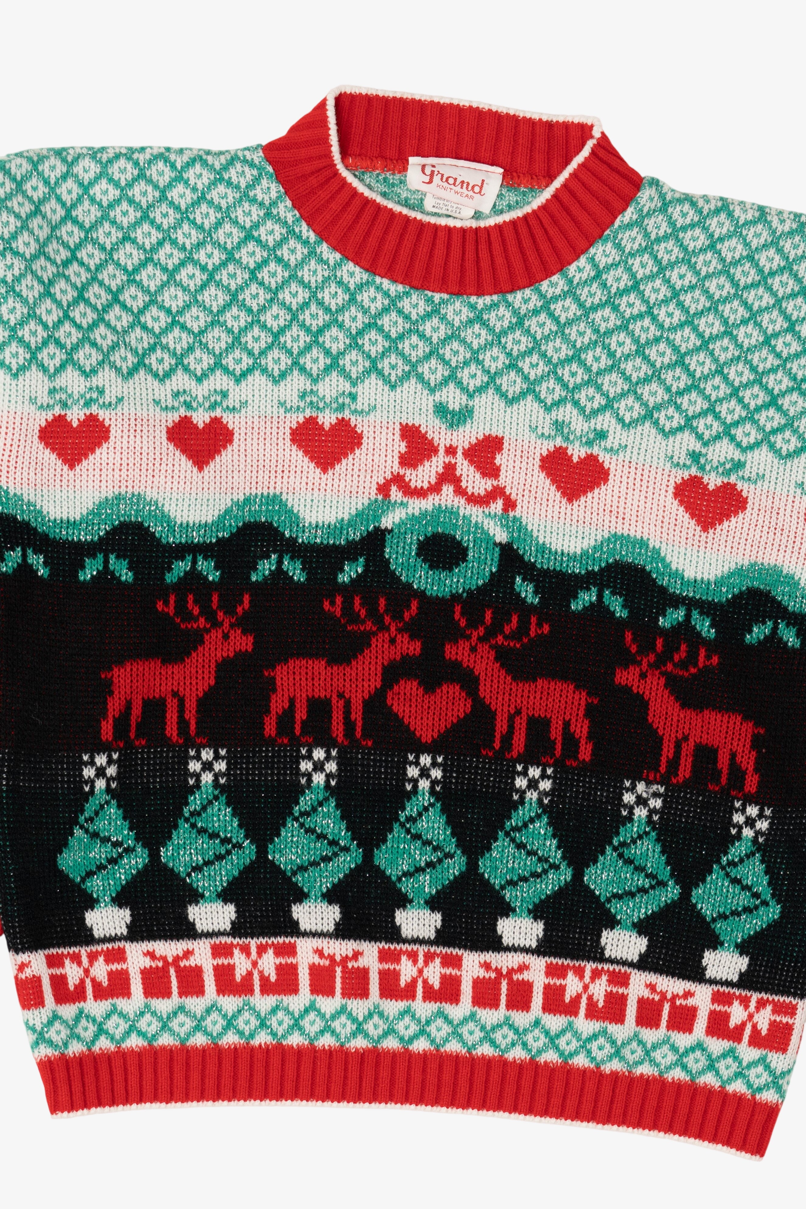 Vintage Aqua Grand Knitwear Reindeer Pattern Ugly Christmas Pullover (1980s)