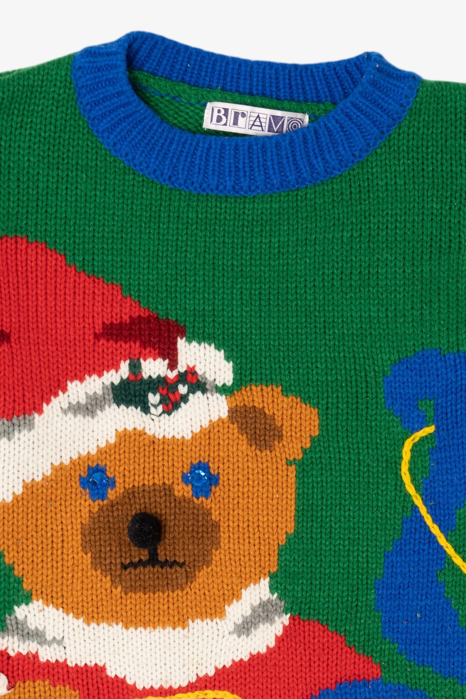 Vintage Green Bravo! Teddy Bear Ugly Christmas Pullover (1990s)