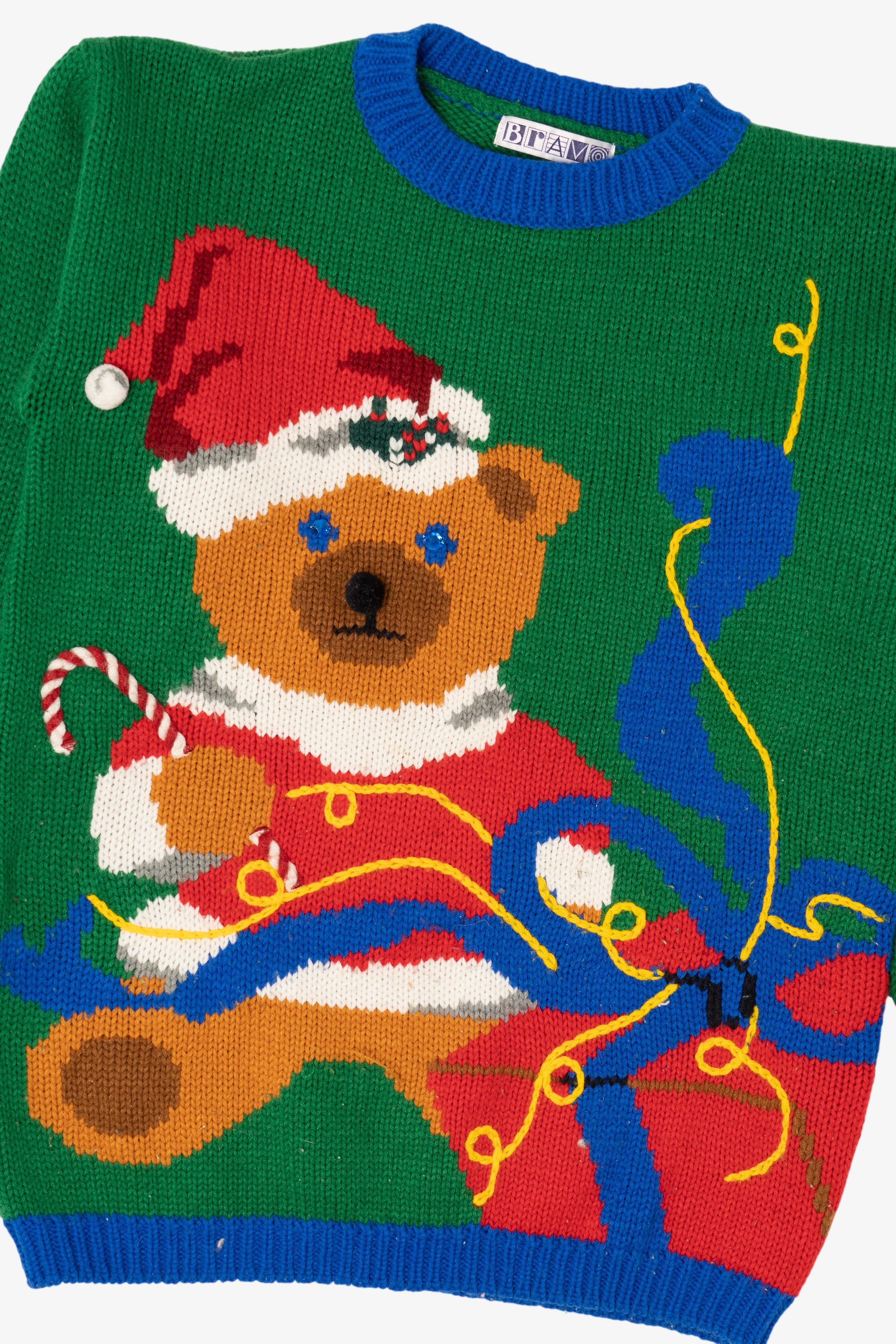 Vintage Green Bravo! Teddy Bear Ugly Christmas Pullover (1990s)