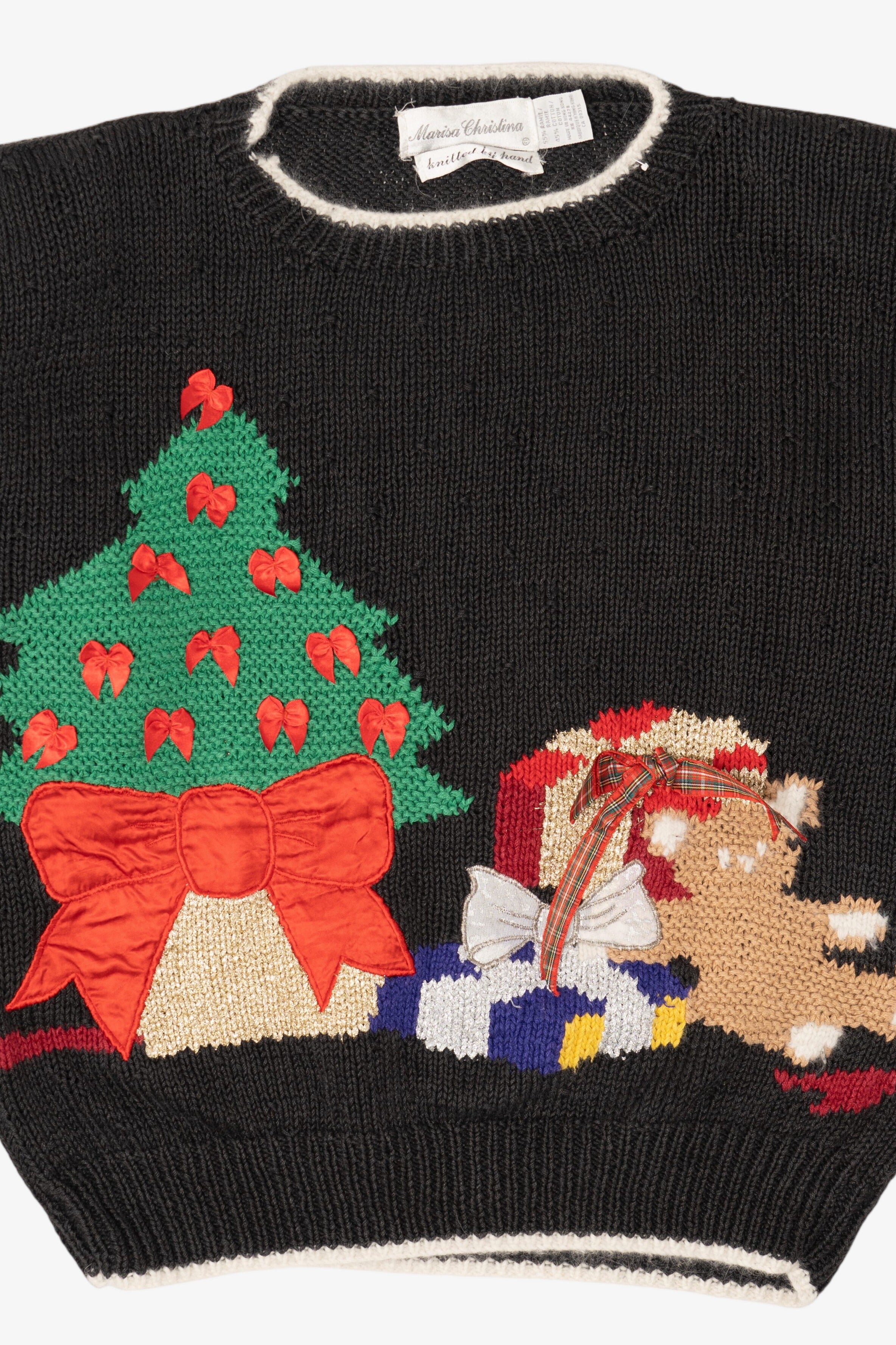 Vintage Hand Knit Black Marisa Christina Presents Ugly Christmas Pullover (1990s)