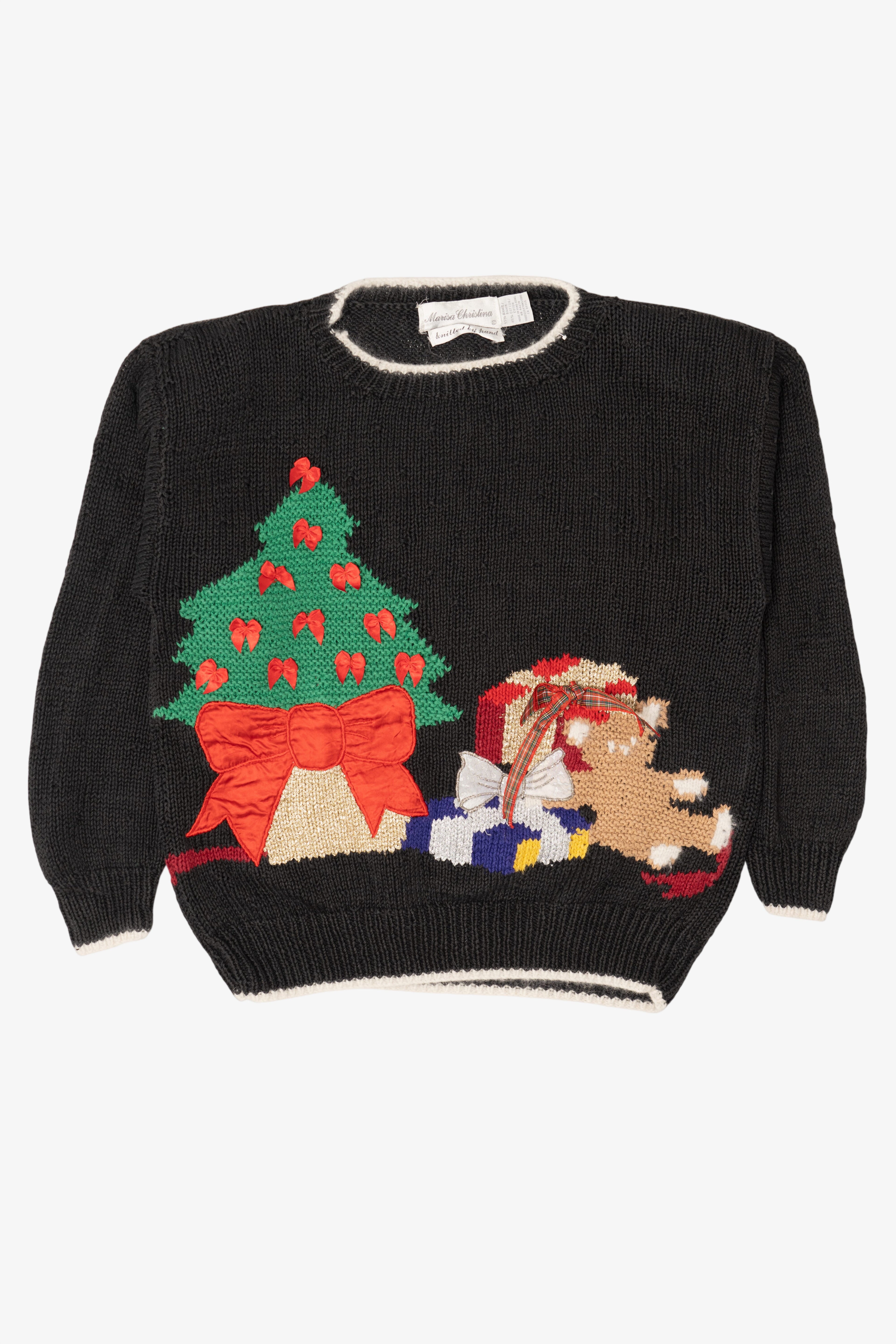 Vintage Hand Knit Black Marisa Christina Presents Ugly Christmas Pullover (1990s)