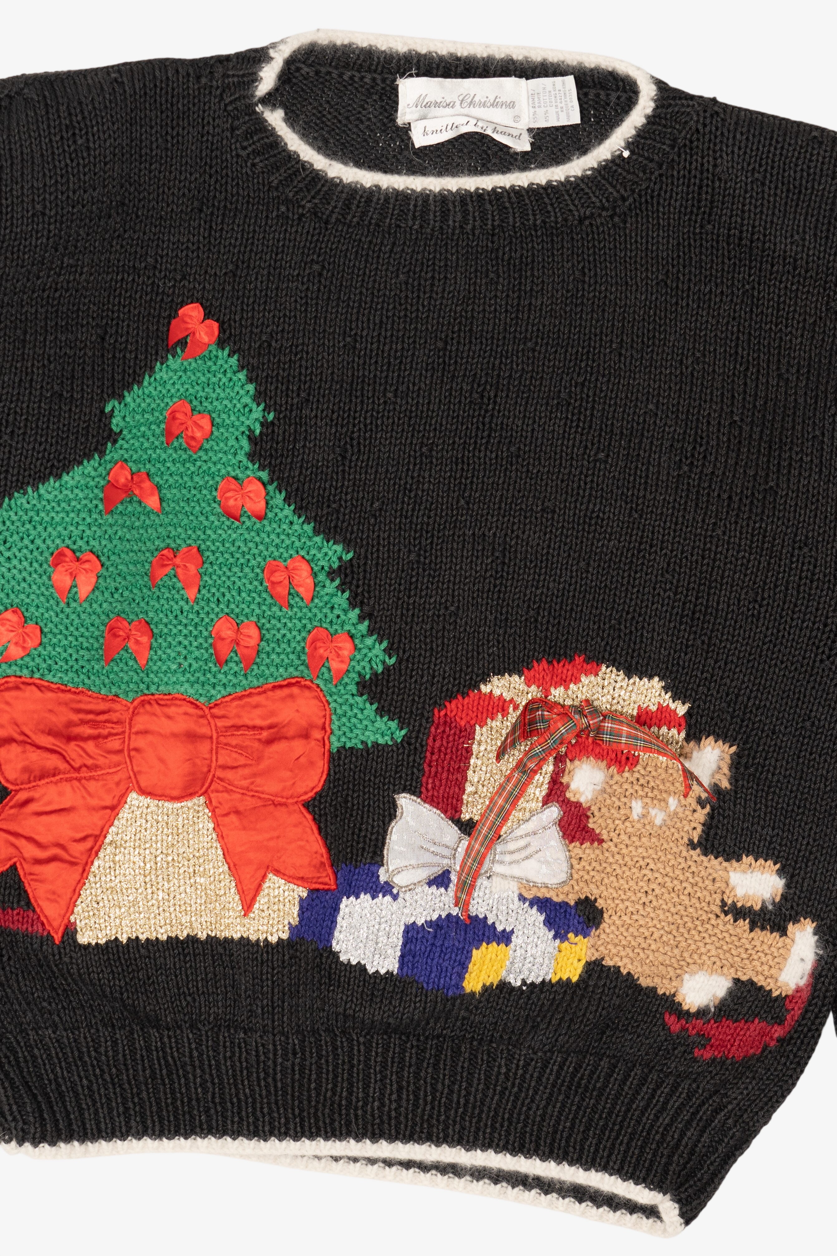Vintage Hand Knit Black Marisa Christina Presents Ugly Christmas Pullover (1990s)