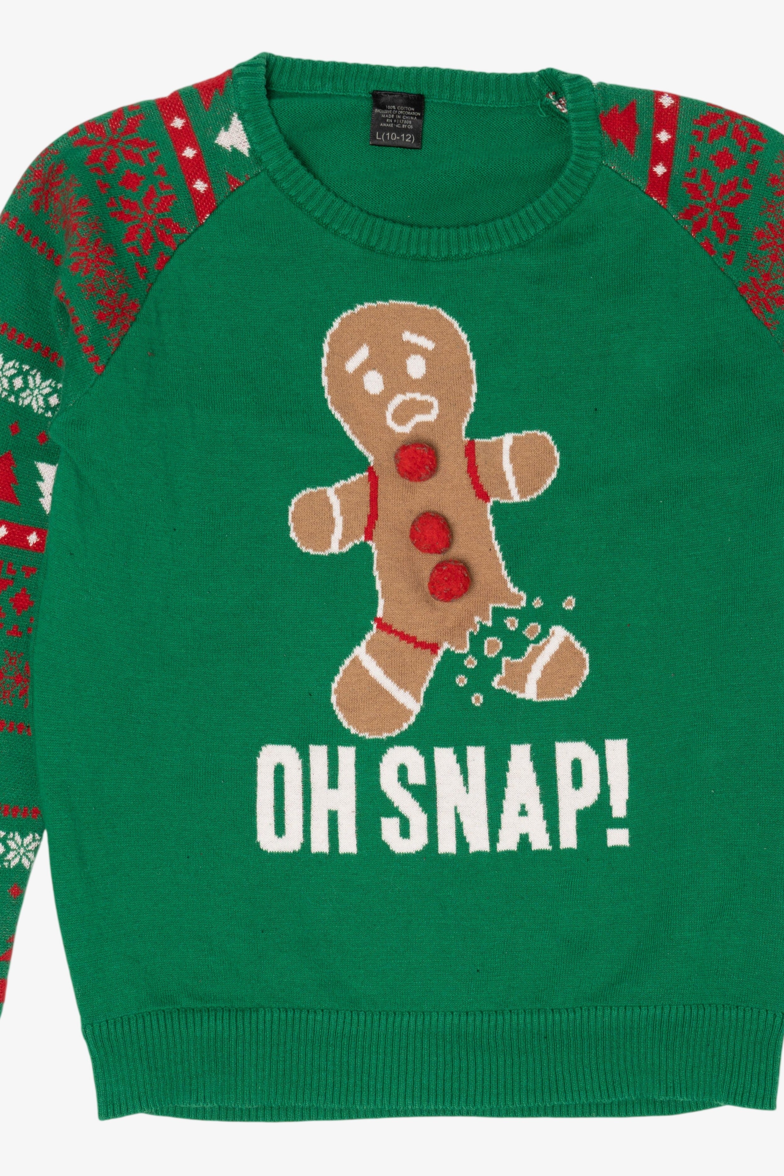Kids Green "Oh Snap!" Funny Gingerbread Ugly Christmas Pullover (2010s)