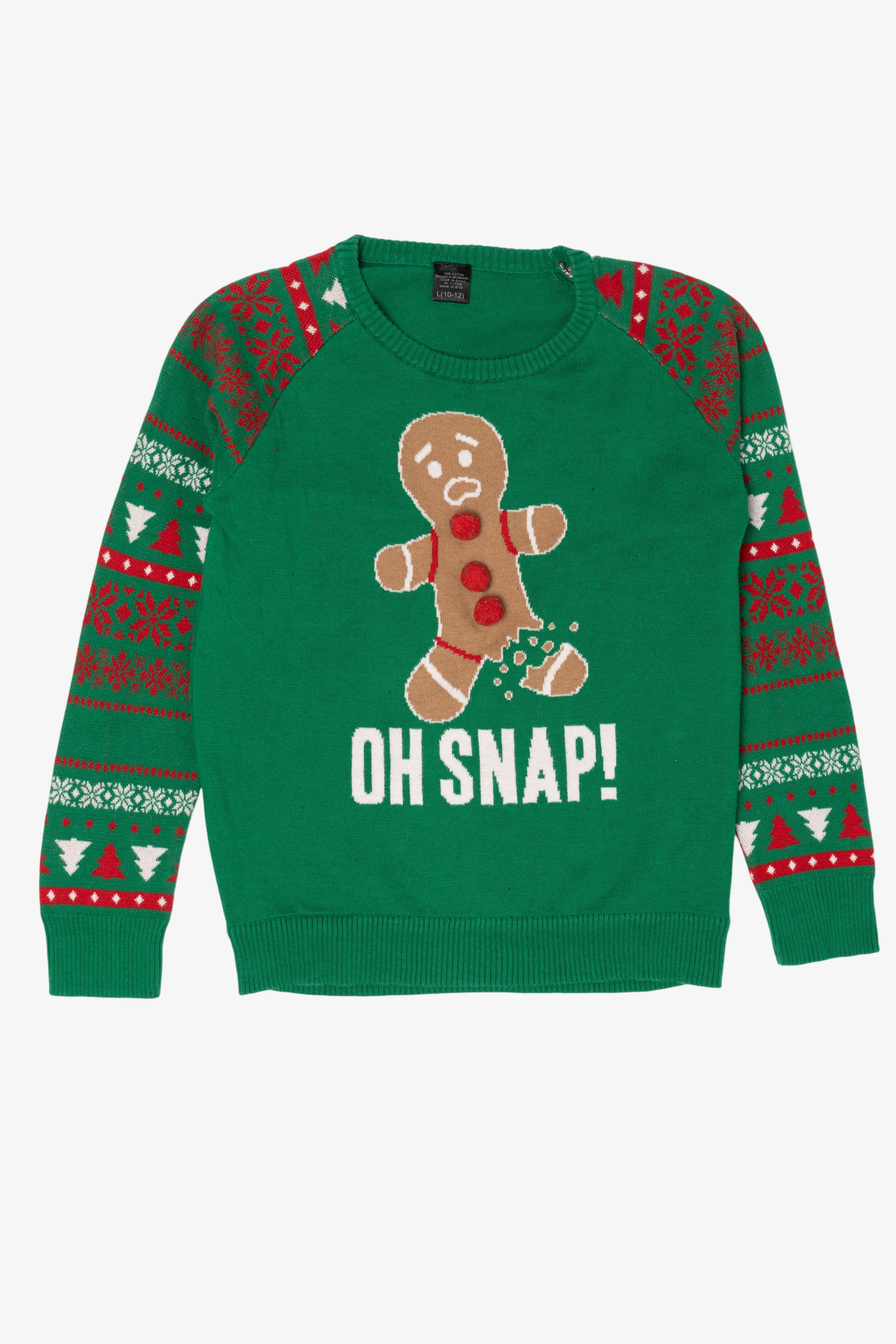 Kids Green "Oh Snap!" Funny Gingerbread Ugly Christmas Pullover (2010s)