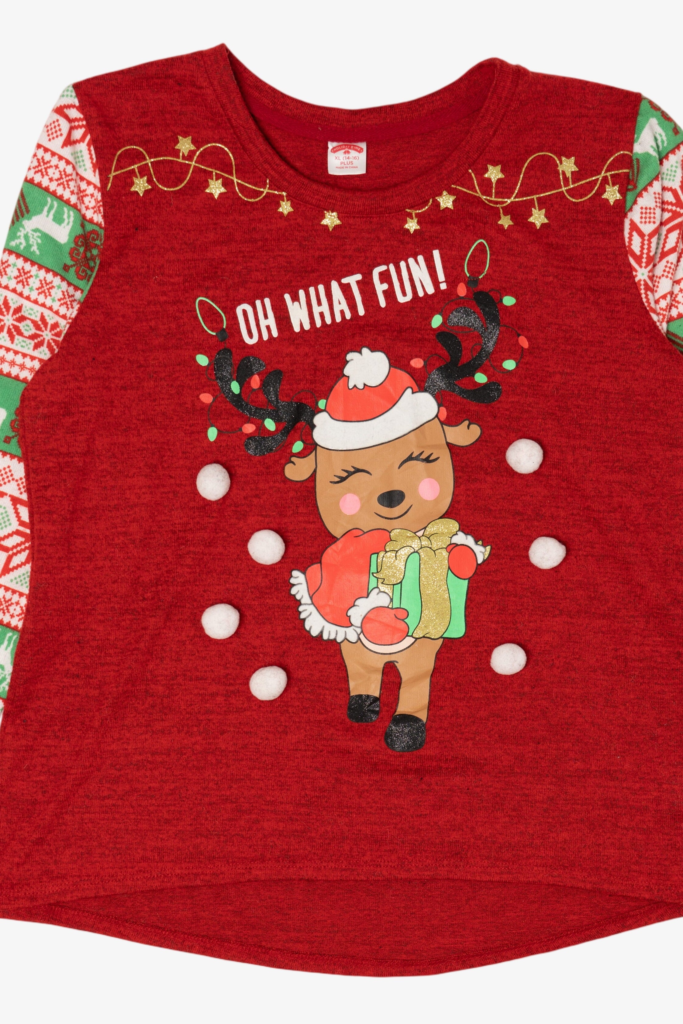 Kids Red "Oh What Fun!" Reindeer Ugly Christmas Pullover (2010s)
