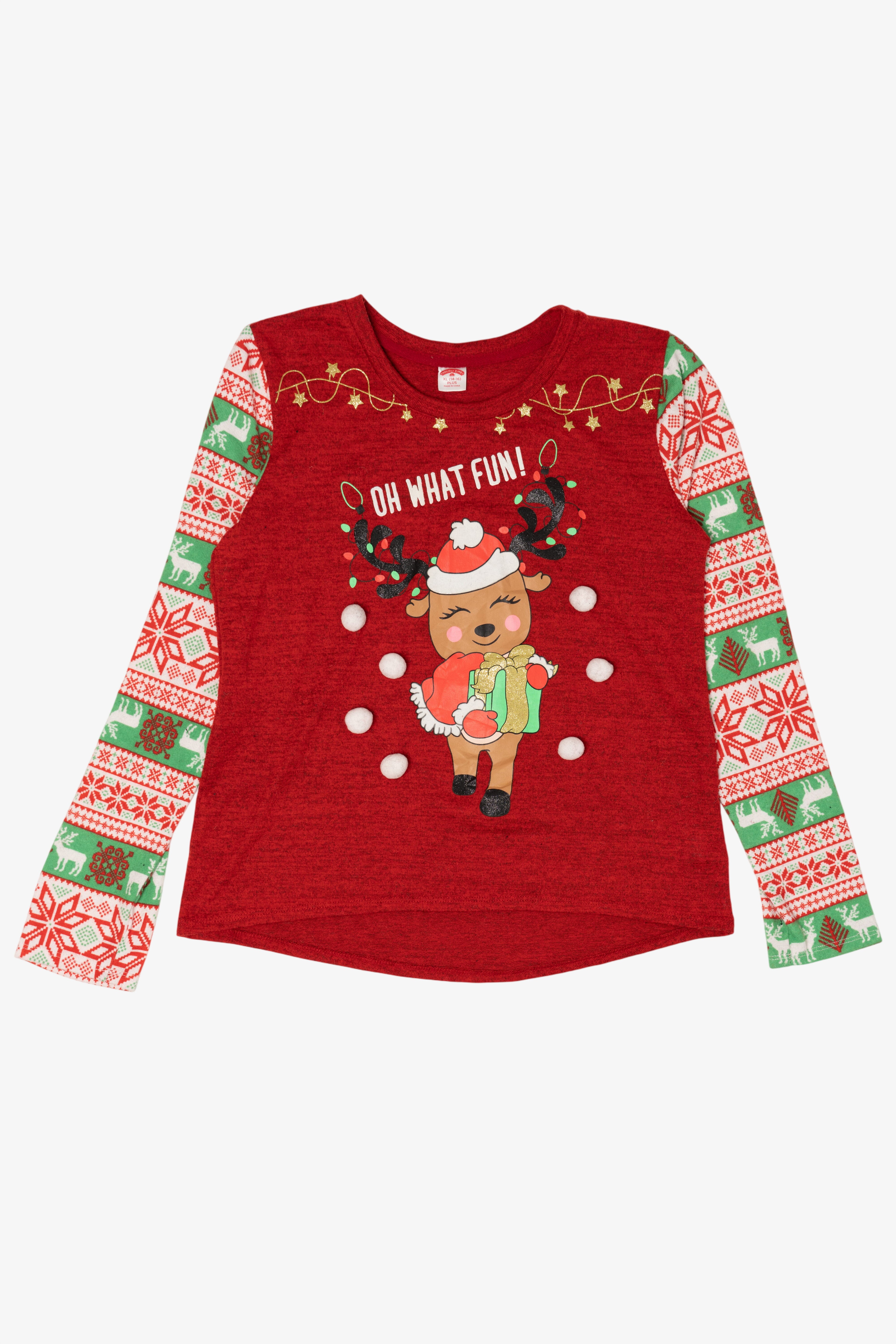 Kids Red "Oh What Fun!" Reindeer Ugly Christmas Pullover (2010s)