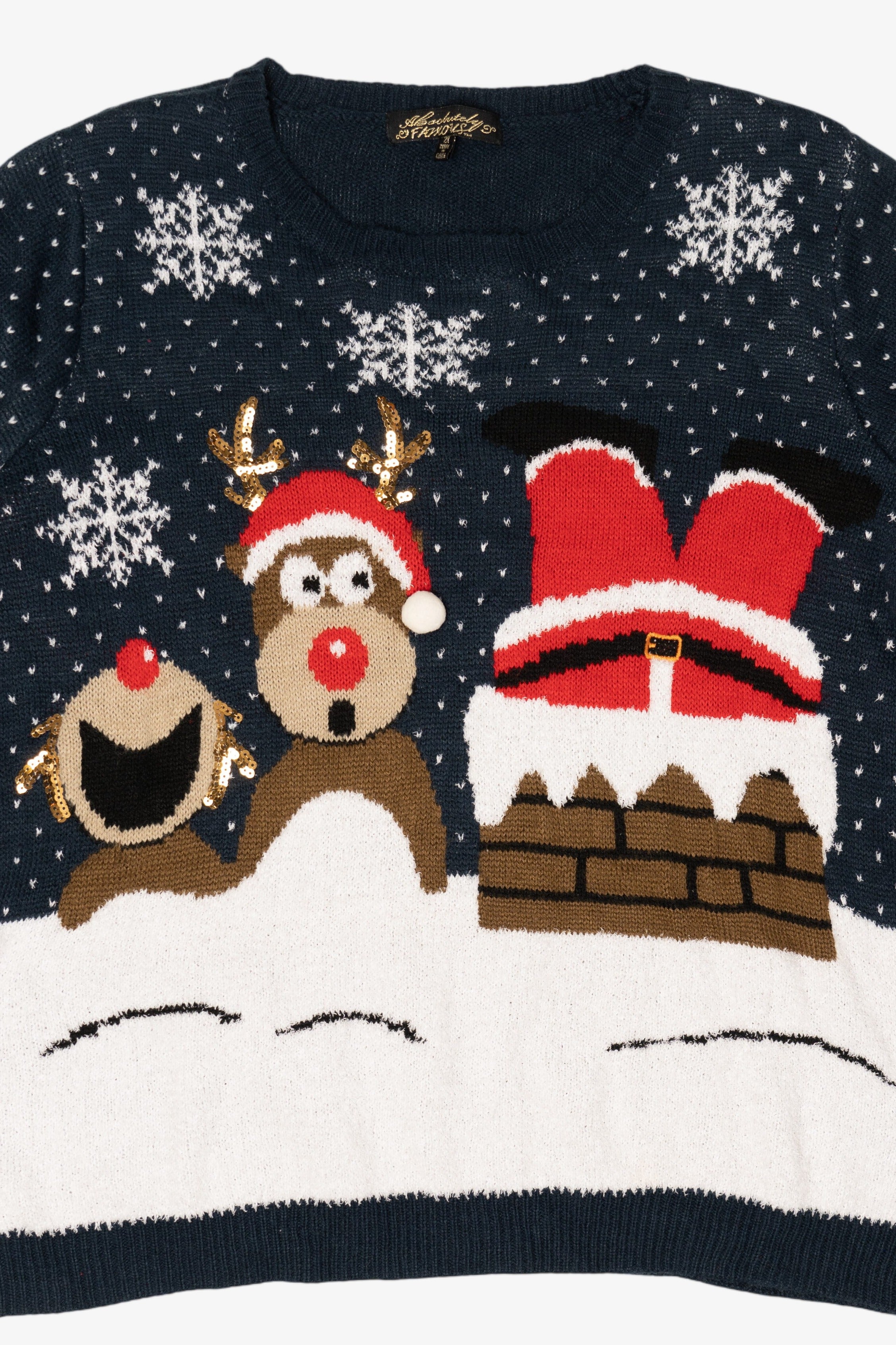 Navy Blue Reindeer Laughing At Santa Ugly Christmas Pullover (2010s)