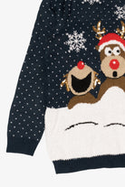 Navy Blue Reindeer Laughing At Santa Ugly Christmas Pullover (2010s)