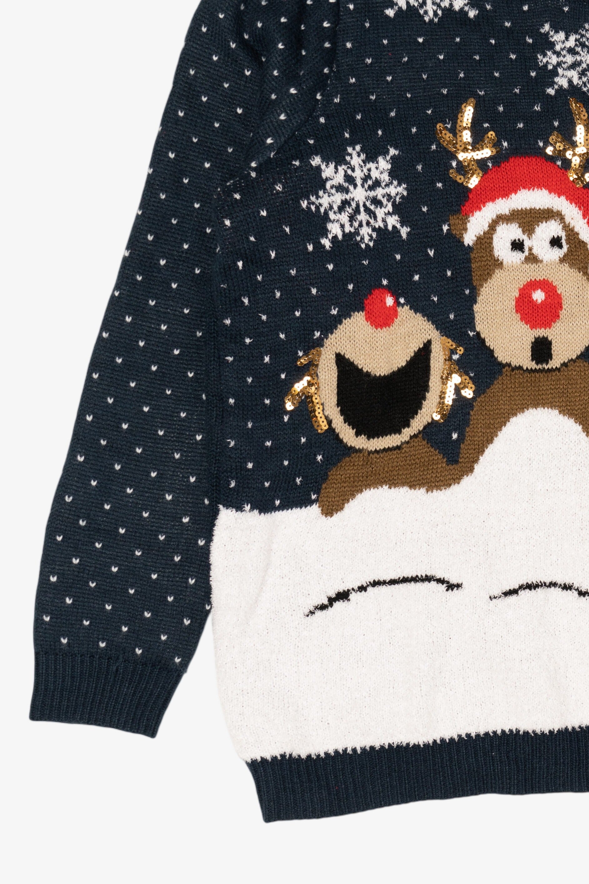 Navy Blue Reindeer Laughing At Santa Ugly Christmas Pullover (2010s)