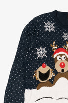 Navy Blue Reindeer Laughing At Santa Ugly Christmas Pullover (2010s)