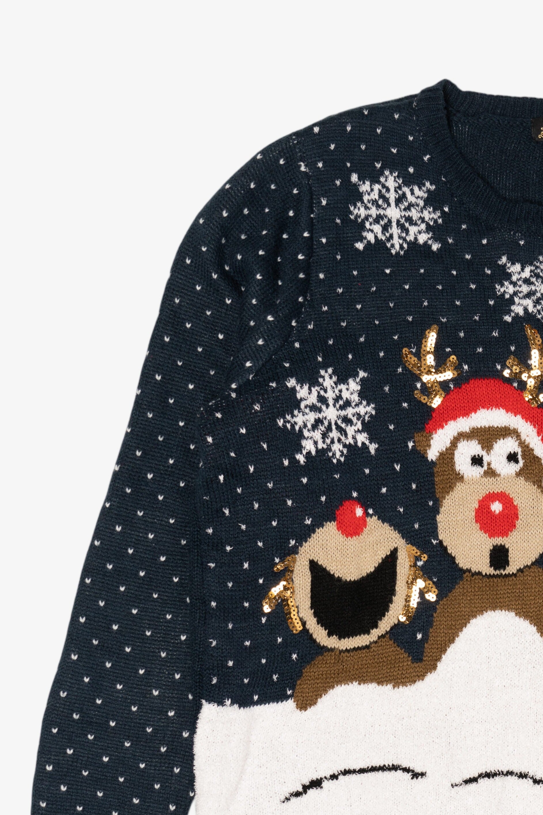 Navy Blue Reindeer Laughing At Santa Ugly Christmas Pullover (2010s)