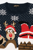 Navy Blue Reindeer Laughing At Santa Ugly Christmas Pullover (2010s)