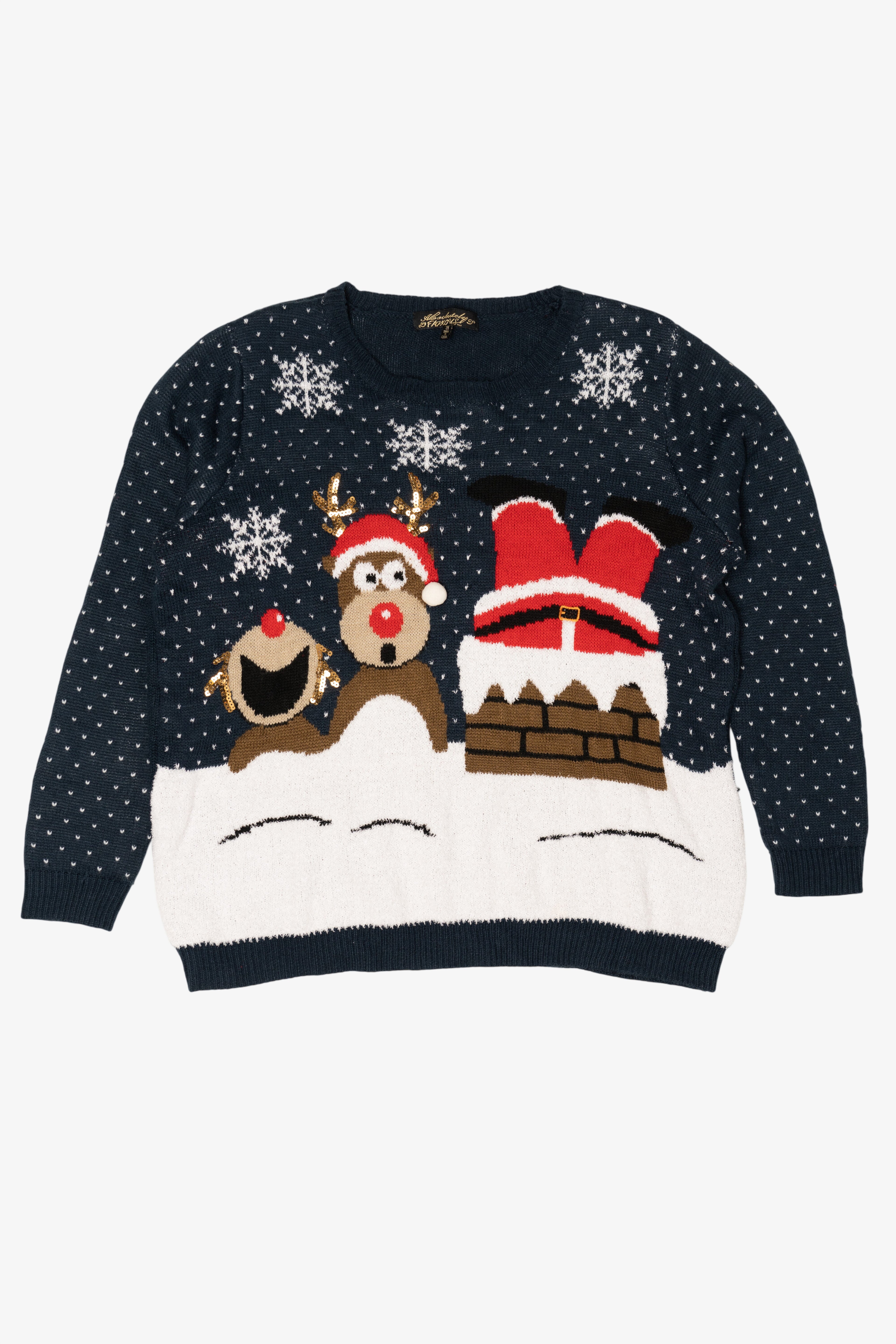 Navy Blue Reindeer Laughing At Santa Ugly Christmas Pullover (2010s)