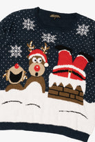 Navy Blue Reindeer Laughing At Santa Ugly Christmas Pullover (2010s)